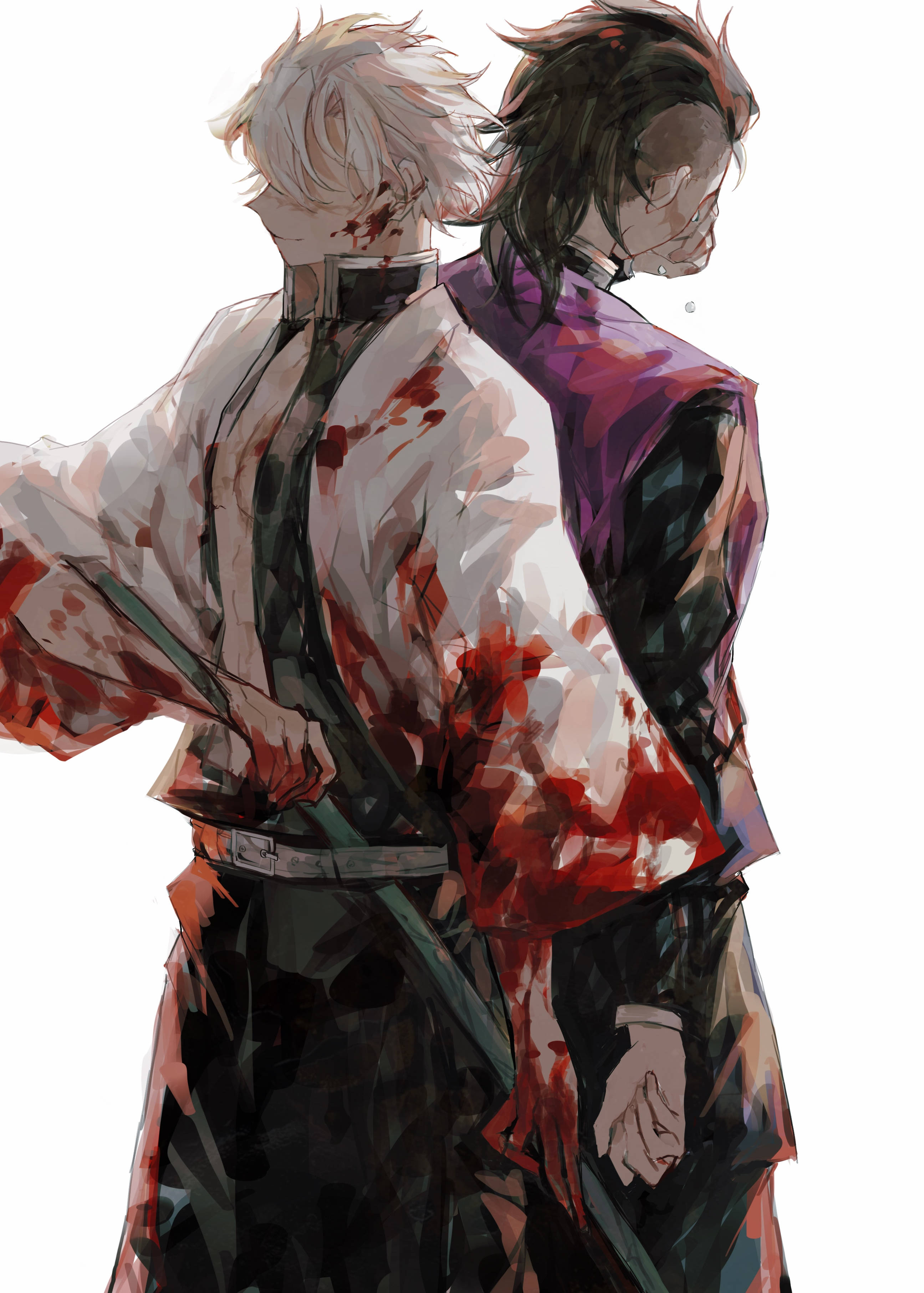 genya 桌布 壁紙 — 兩個身穿沾滿血跡的白色和紫色服裝的動漫戰士背靠背站在純白色背景前。