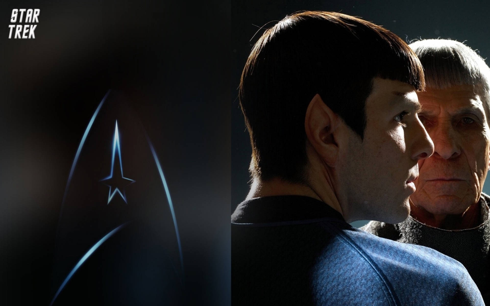 Spock 桌布 壁紙 — 兩個身穿深色制服的《星際爭霸戰》角色在戲劇性燈光下向前凝視，發光的飛船標誌在陰影中。
