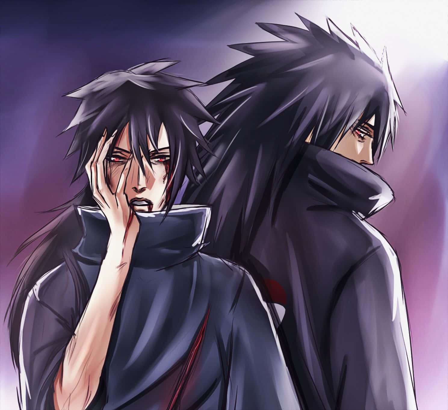 Izuna Uchiha 桌布 壁紙 — 兩個身穿深色斗篷的動漫角色，一個滿臉鮮血並用手捂臉，另一個頭髮豎起、眼睛通紅，背景為紫色。