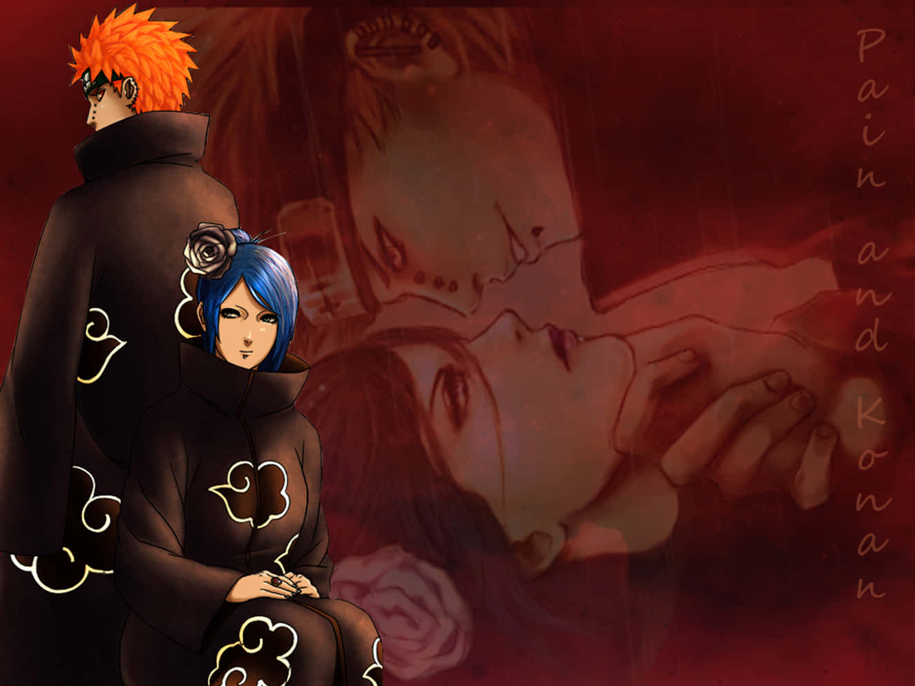 Konan 桌布 壁紙 — 兩個身穿深色斗篷的動漫角色莊嚴地坐在一個褪色的紅色背景前，背景中有一個幽靈般的浪漫擁抱。