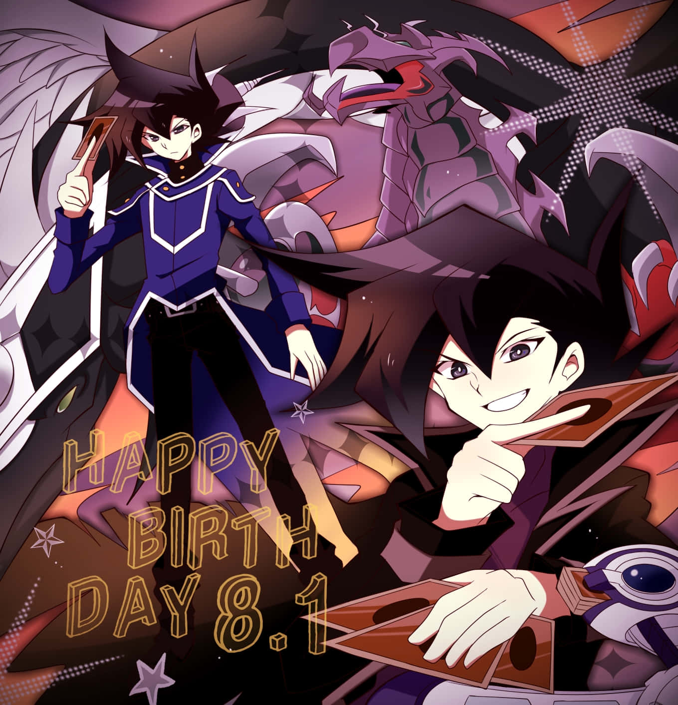 Chazz Princeton 桌布 壁紙 — 兩個身穿深色服裝的動漫角色在星空背景下自信地擺姿勢，身後有一條紫色龍。