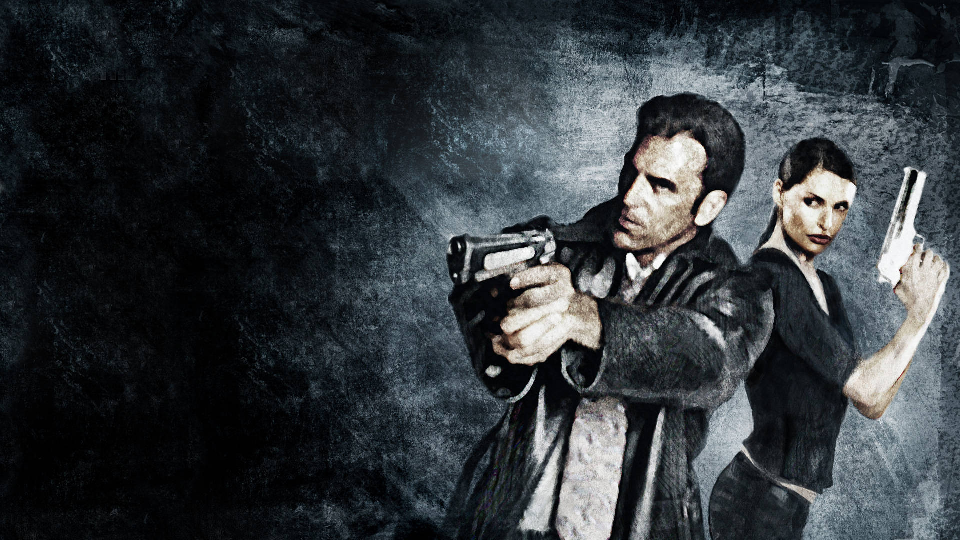 Max Payne 桌布 壁紙 — 兩個身穿深色衣服的武裝人物，手持手槍，站在粗糙紋理的背景前。