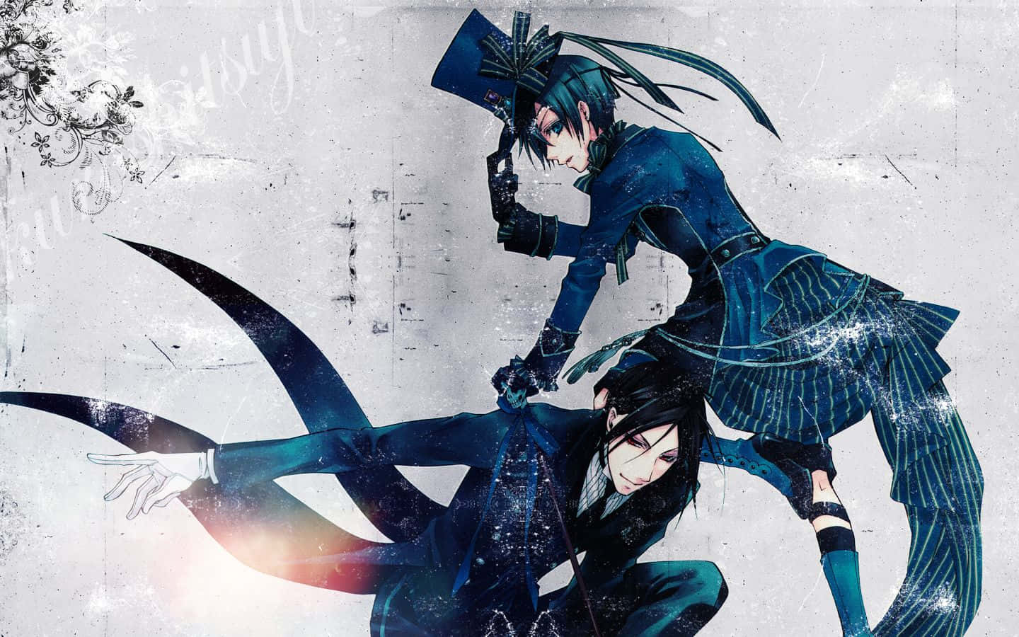 Black Butler 桌布 壁紙 — 兩個身穿深藍色服裝的動漫角色在帶有花卉點綴的紋理白色背景前動態擺姿勢。