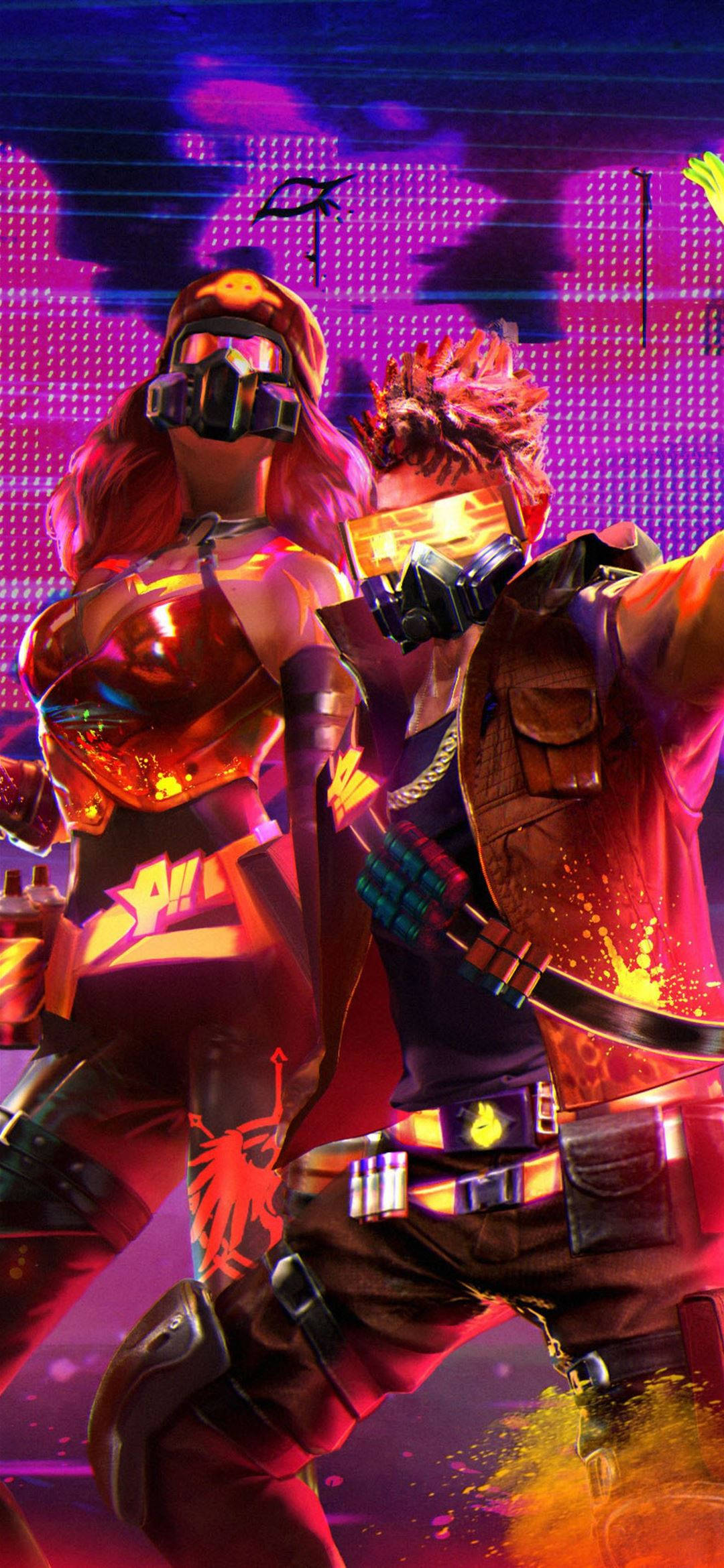 Garena 桌布 壁紙 — 兩個身穿發光裝甲的賽博龐克角色在霓虹燈數位背景前動態擺姿勢。