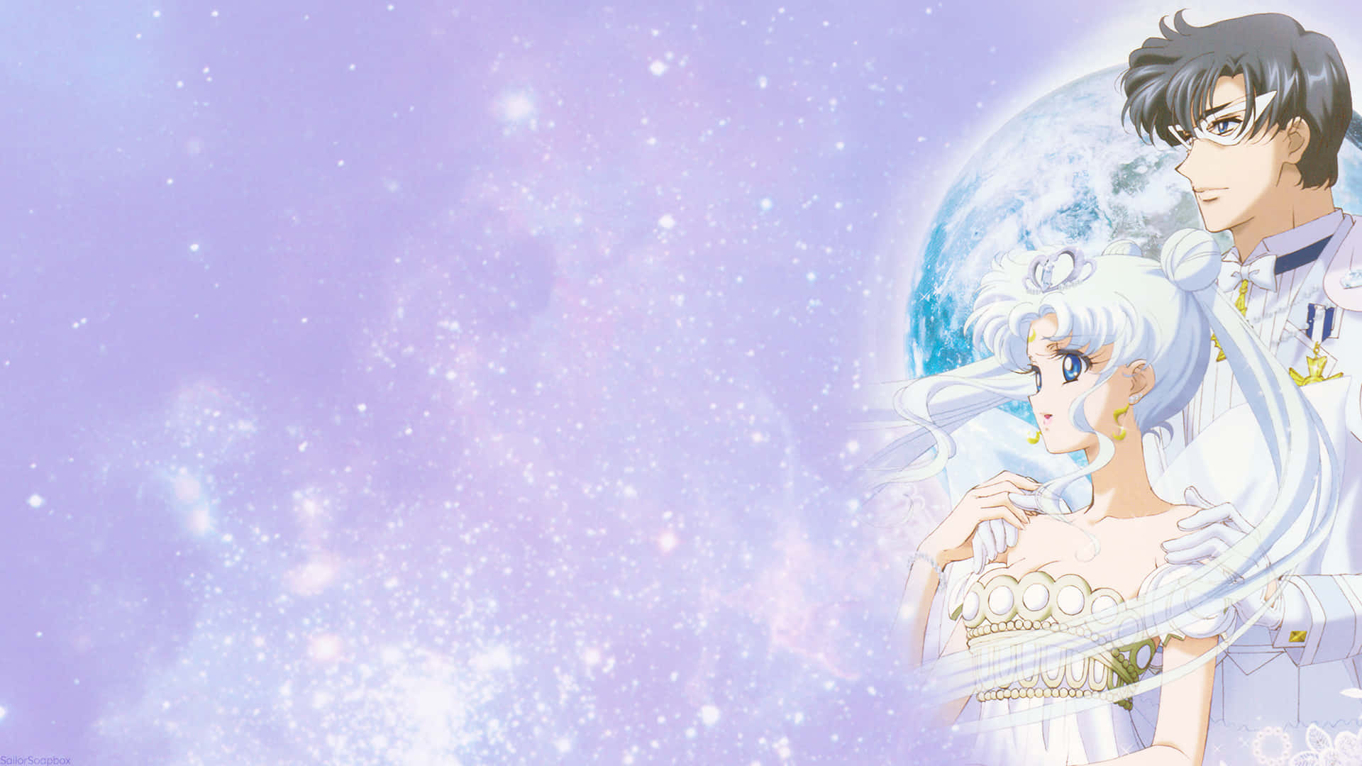 Purple Anime 桌布 壁紙 — 兩個身穿白色服裝的動漫角色站在閃爍的紫色宇宙背景前，身後有一顆藍色行星。