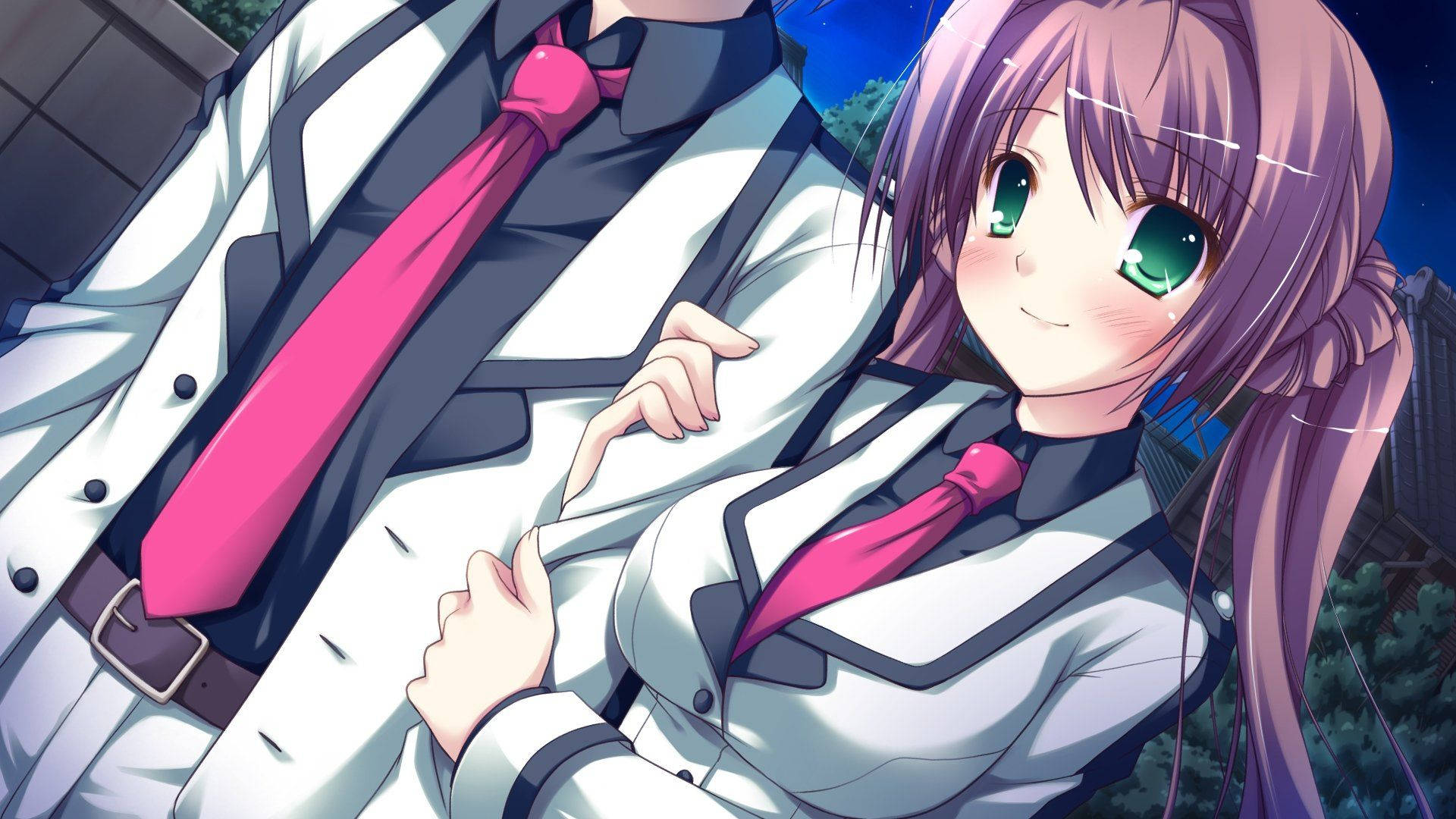 Love Anime 桌布 壁紙 — 兩個身穿白色校服、繫著粉紅色領帶的動漫角色在星空下溫暖地擁抱。
