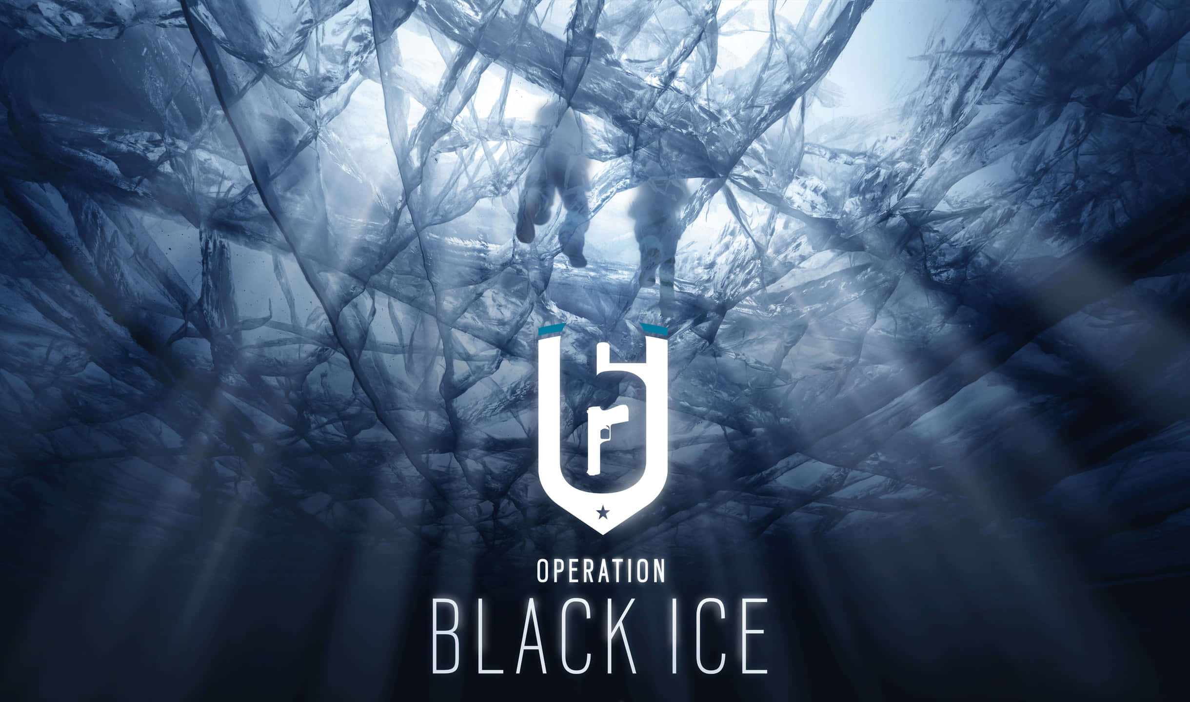 2440x1440 Rainbow Six Siege 桌布 壁紙 — 兩個身穿白色裝備的人物攀爬穿過一個裂開的冰洞，光束穿透藍白色的冰凍景觀。