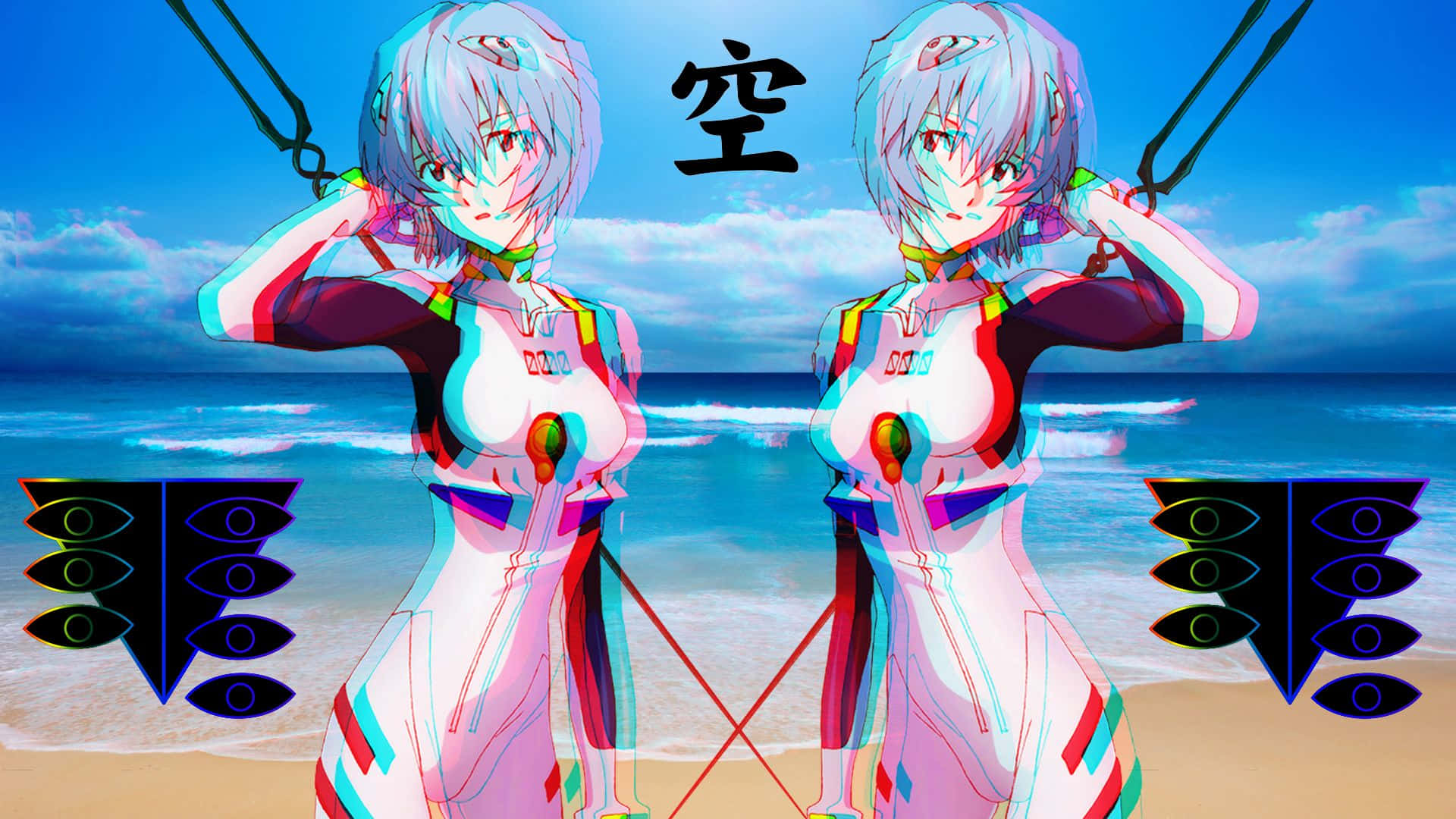 動漫女孩 桌布 壁紙 — 兩個身穿白色西裝的動漫角色站在沙灘上，頭頂有3D立體效果和日本漢字。