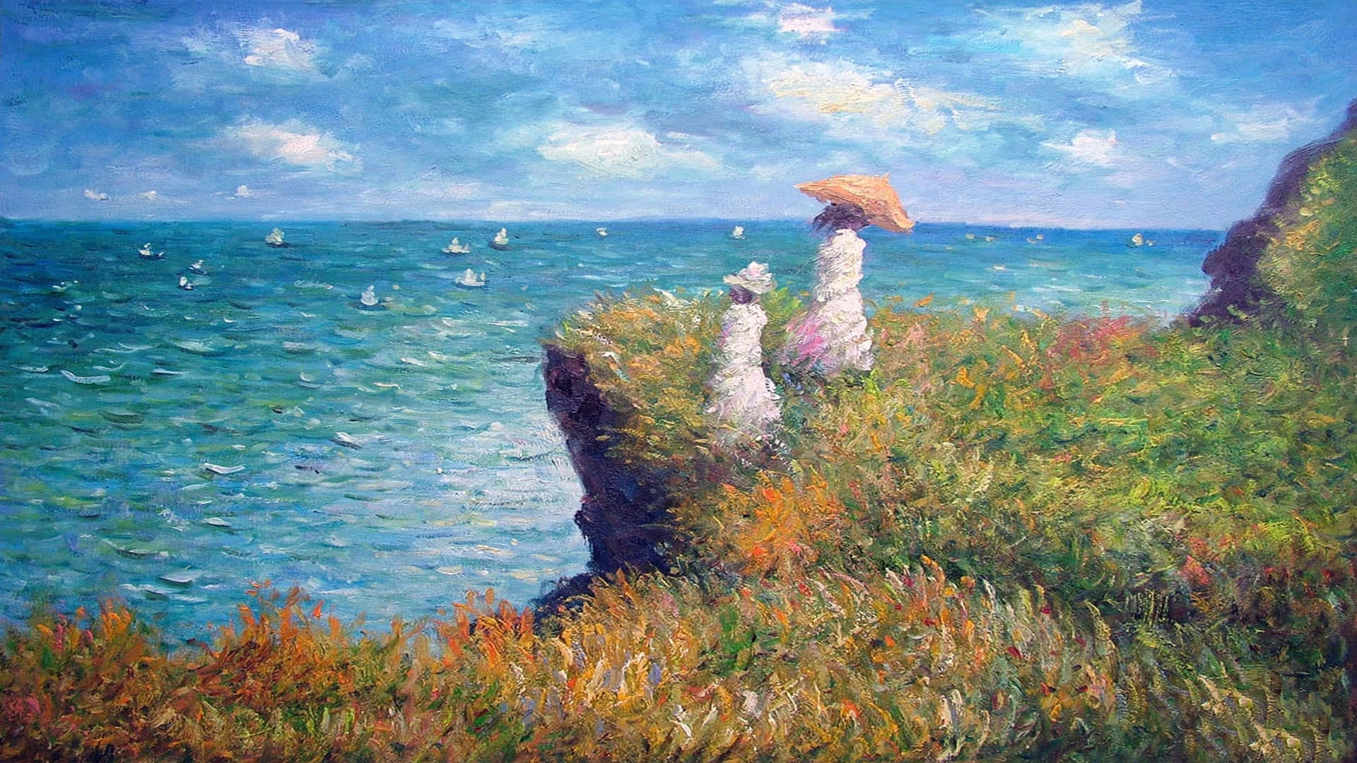 paint 桌布 壁紙 — 兩個身穿白色連衣裙和帽子的人物站在懸崖上，俯瞰著一片生機勃勃的藍色海洋，海面上點綴著帆船，天空部分多雲。