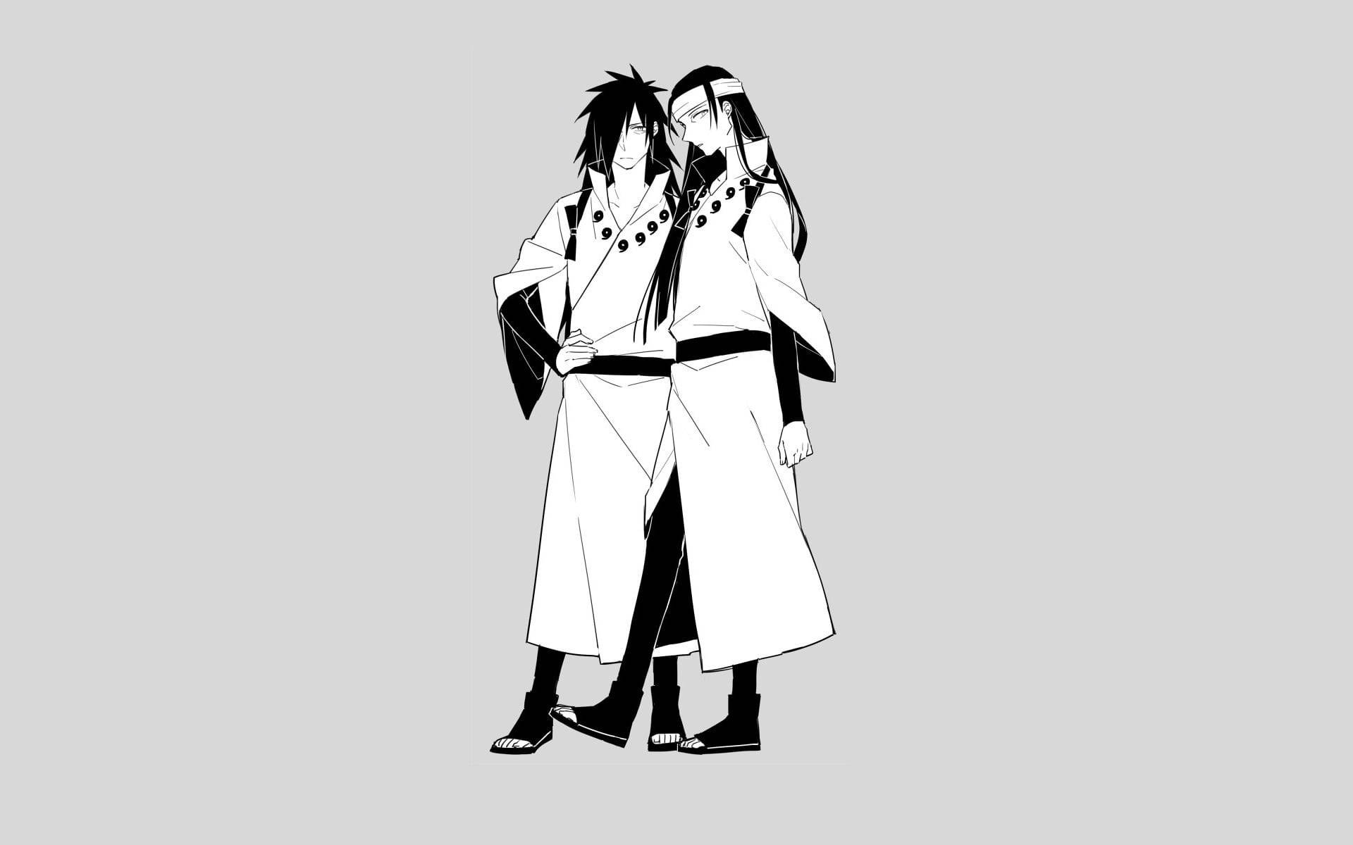 壁紙 — 兩個身穿白色長袍的動漫角色，在簡約的黑白線條藝術風格中，緊貼著站在純灰色背景前。