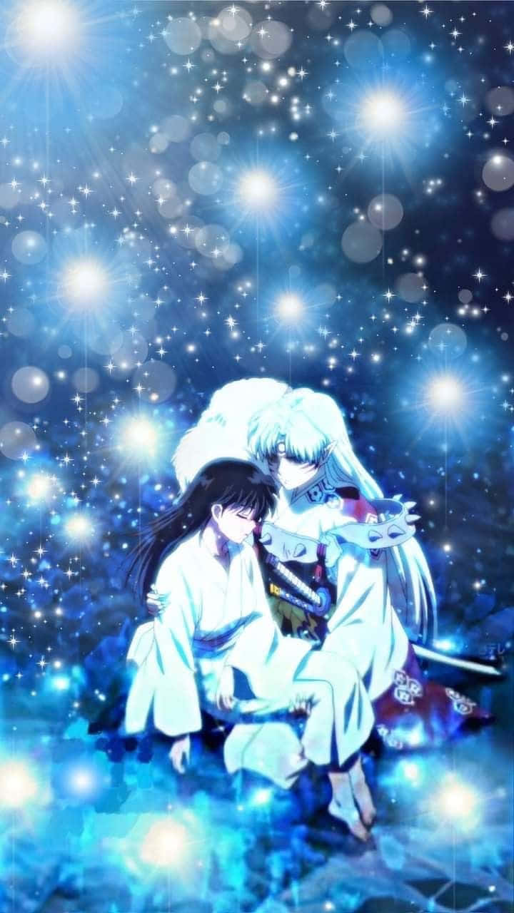 Inuyasha And Rin 桌布 壁紙 — 兩個身穿白色長袍的動漫角色在閃爍的藍色星空下擁抱，周圍有發光的球體。