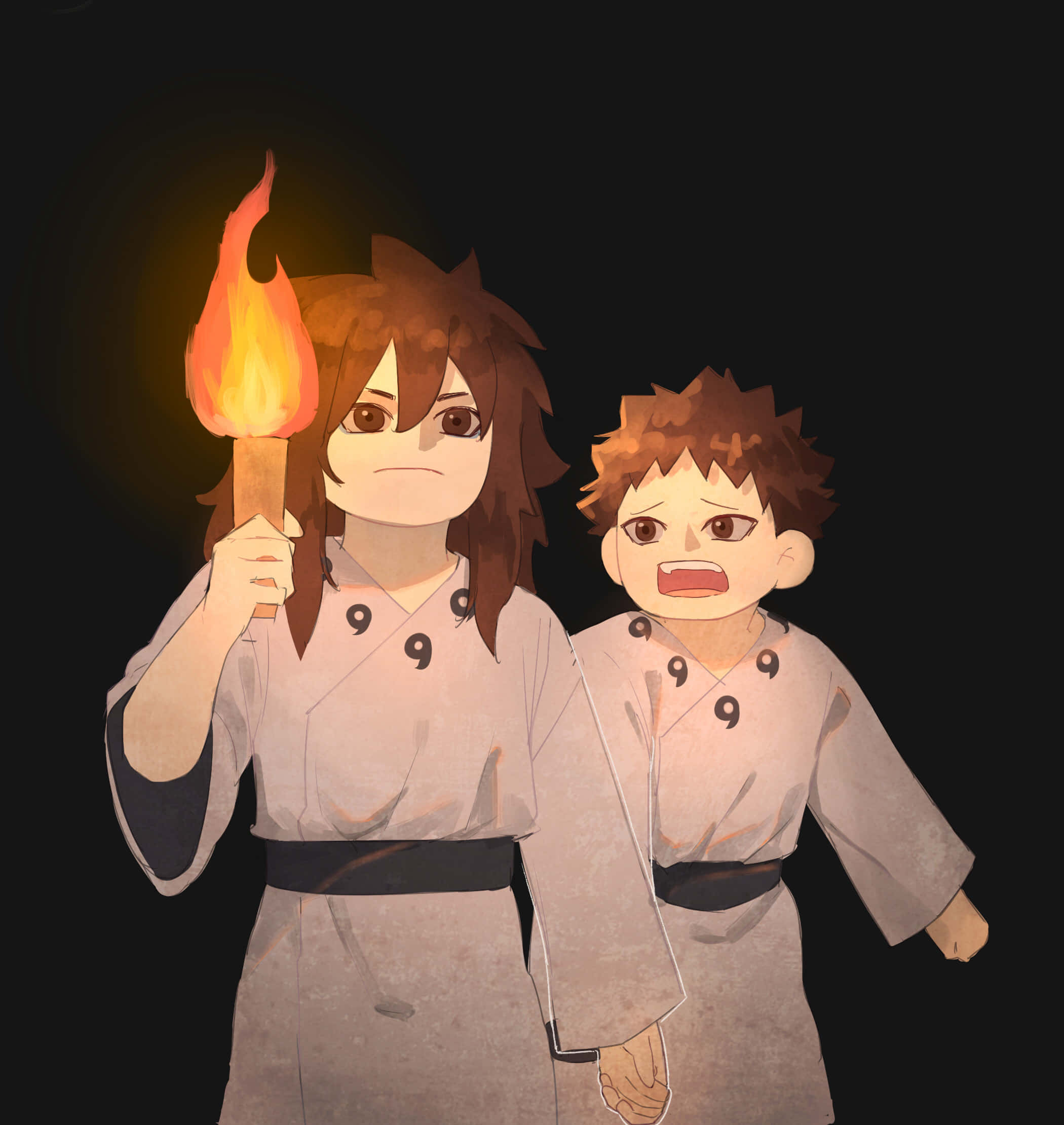Indra ōtsutsuki 桌布 壁紙 — 兩個身穿白色長袍的動漫角色在黑暗背景下手持燃燒的火把，表情強烈。