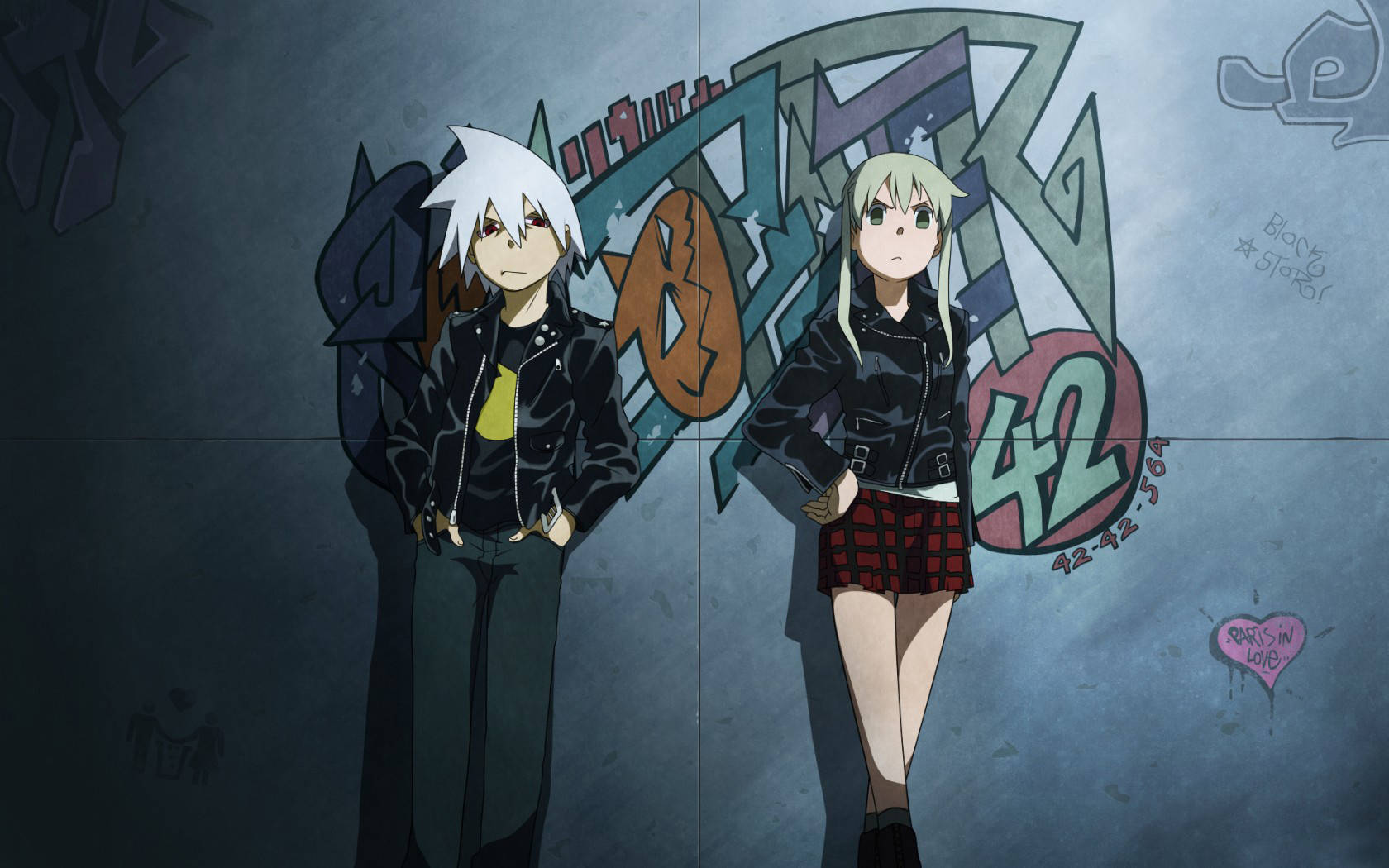 Soul Eater Characters 桌布 壁紙 — 兩個身穿皮夾克的動漫青少年在昏暗燈光下站在佈滿塗鴉的牆前。