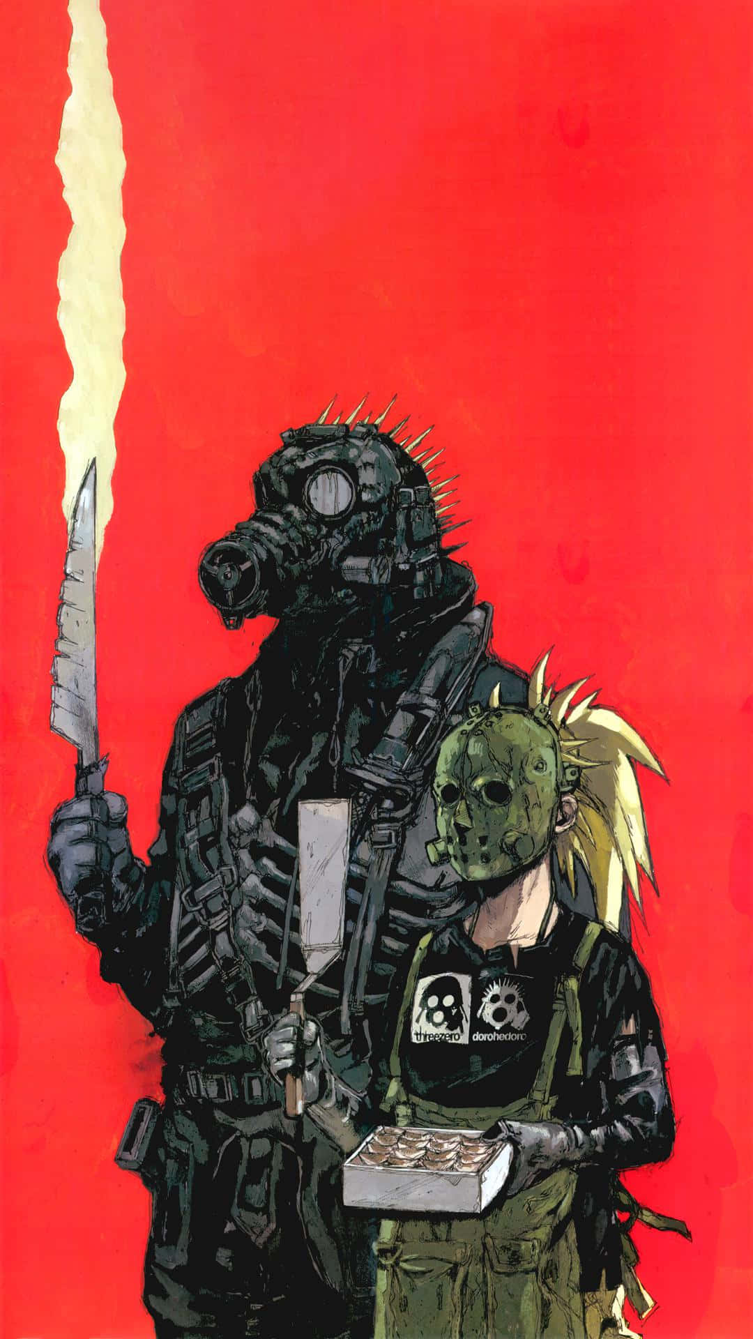 dorohedoro 桌布 壁紙 — 兩個身穿盔甲、戴著防毒面具的人物，一個拿著刀，另一個拿著披薩盒，站在火紅的背景前。