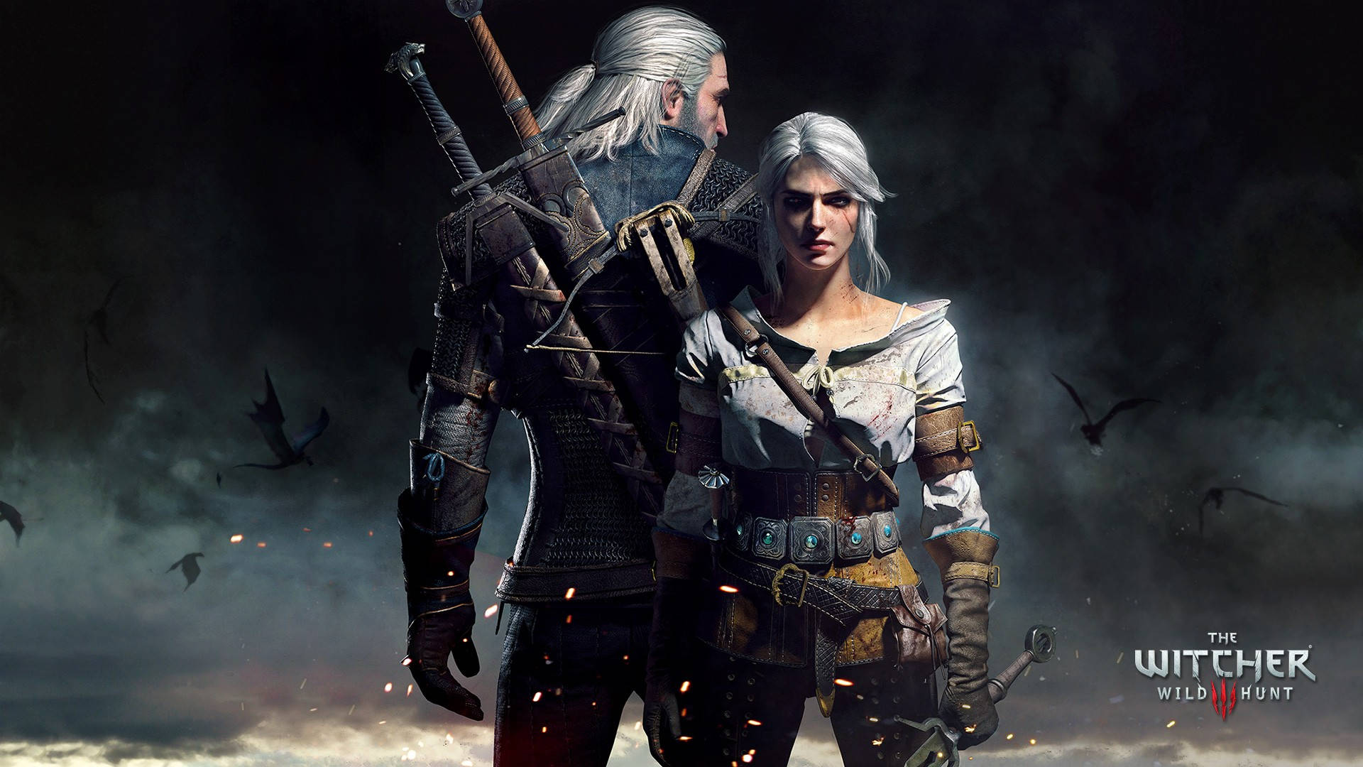 The Witcher 3 桌布 壁紙 — 兩個身穿盔甲、白髮的奇幻戰士站在暴風雨的天空下，鳥兒在他們周圍飛翔。