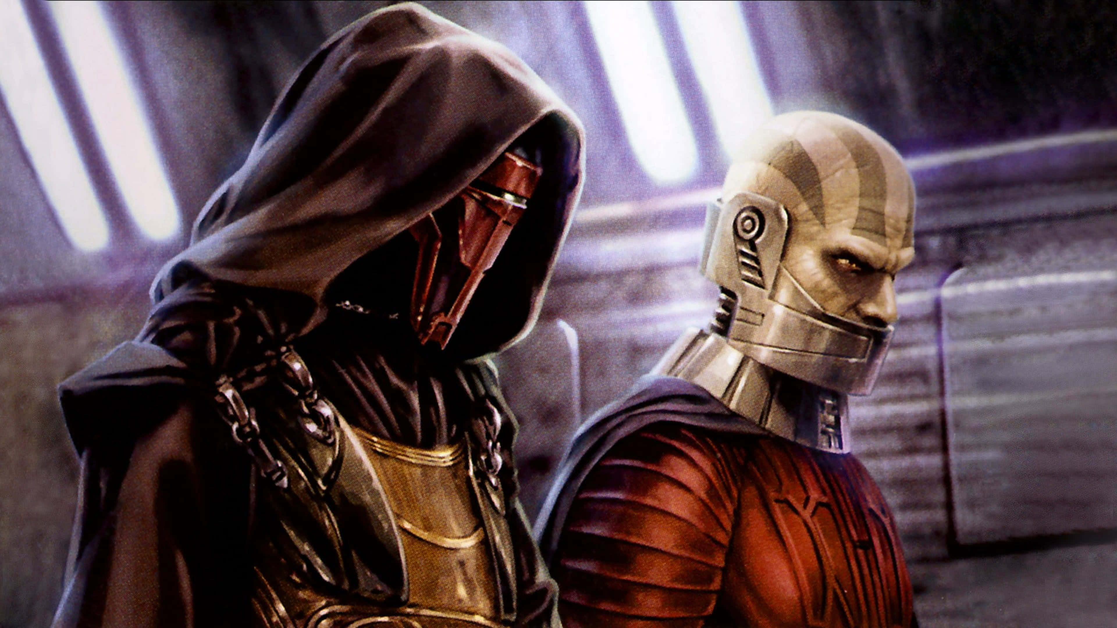 Darth Revan 4K 桌布 壁紙 — 兩個身穿盔甲的人物，一個戴著連帽和紅色面罩，另一個光頭戴著銀色頭盔，站在昏暗的未來走廊中。