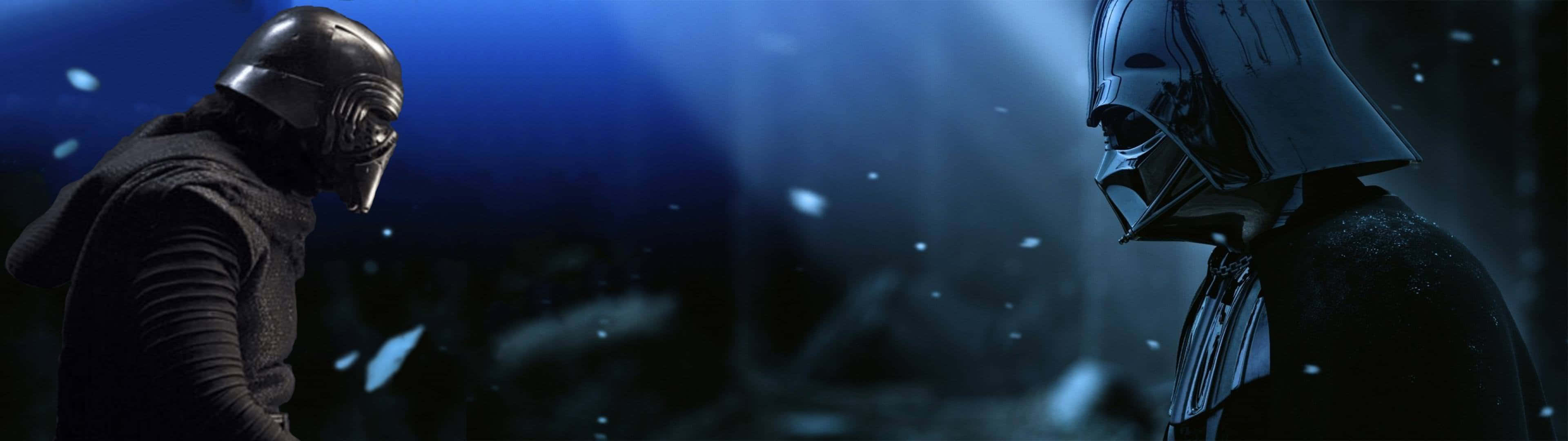 桌布 壁紙 — 兩個身穿盔甲的人物在一個深藍色燈光的空間中對峙，空間中漂浮著粒子，光線效果戲劇化。