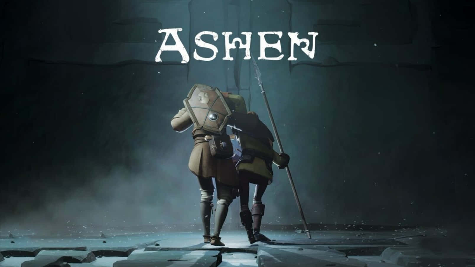 Ashen 桌布 壁紙 — 兩個身穿盔甲的人物在黑暗的石室中背光站立，上方閃耀著ASHEN這個詞。