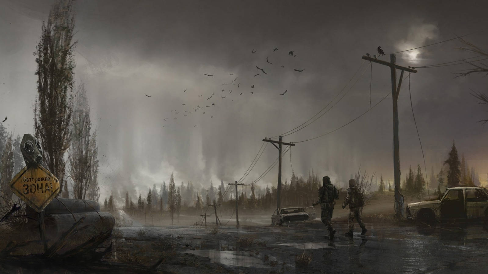 Stalker 桌布 壁紙 — 兩個身穿盔甲的人物穿過一片荒涼、被雨水浸透的荒地，經過廢棄的汽車和斷裂的電線，天空陰沉。