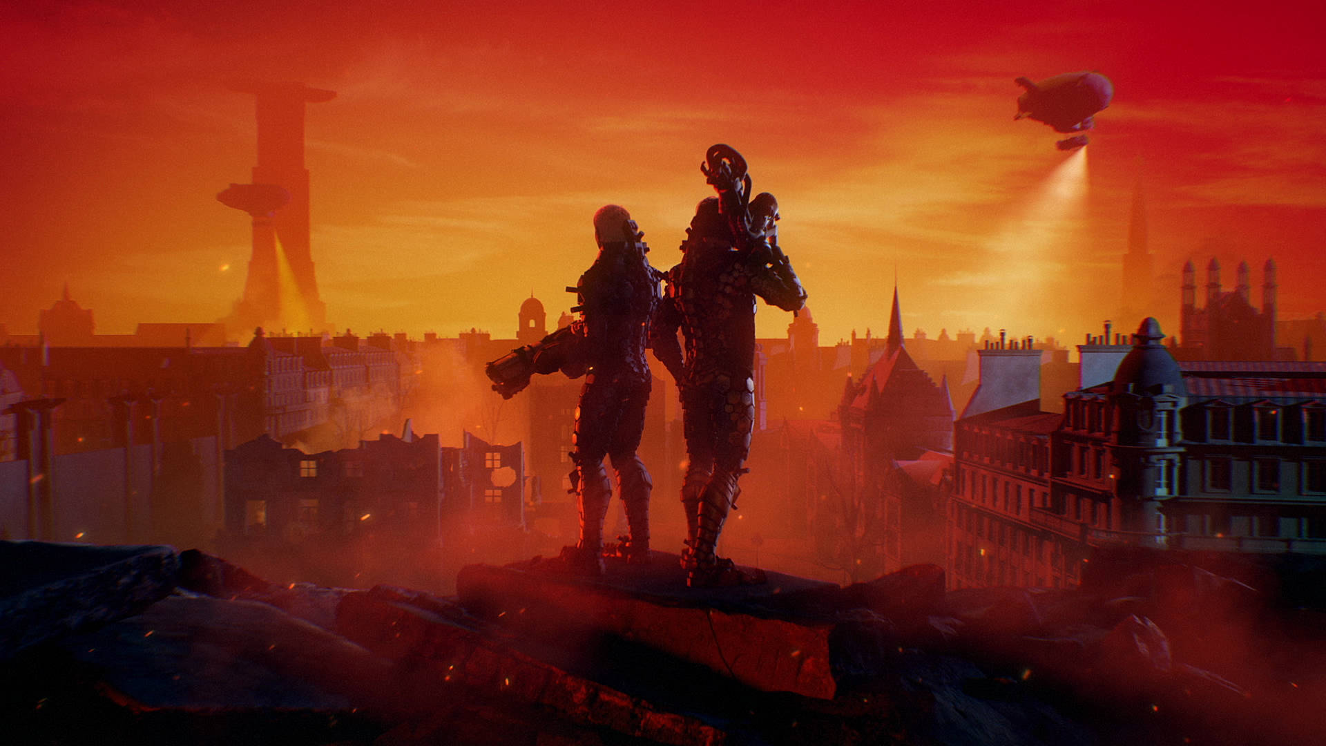 Wolfenstein 桌布 壁紙 — 兩個身穿盔甲的人物站在廢墟上，俯瞰著一座在熾熱日落中、上空有發光飛船的 dystopian 城市。