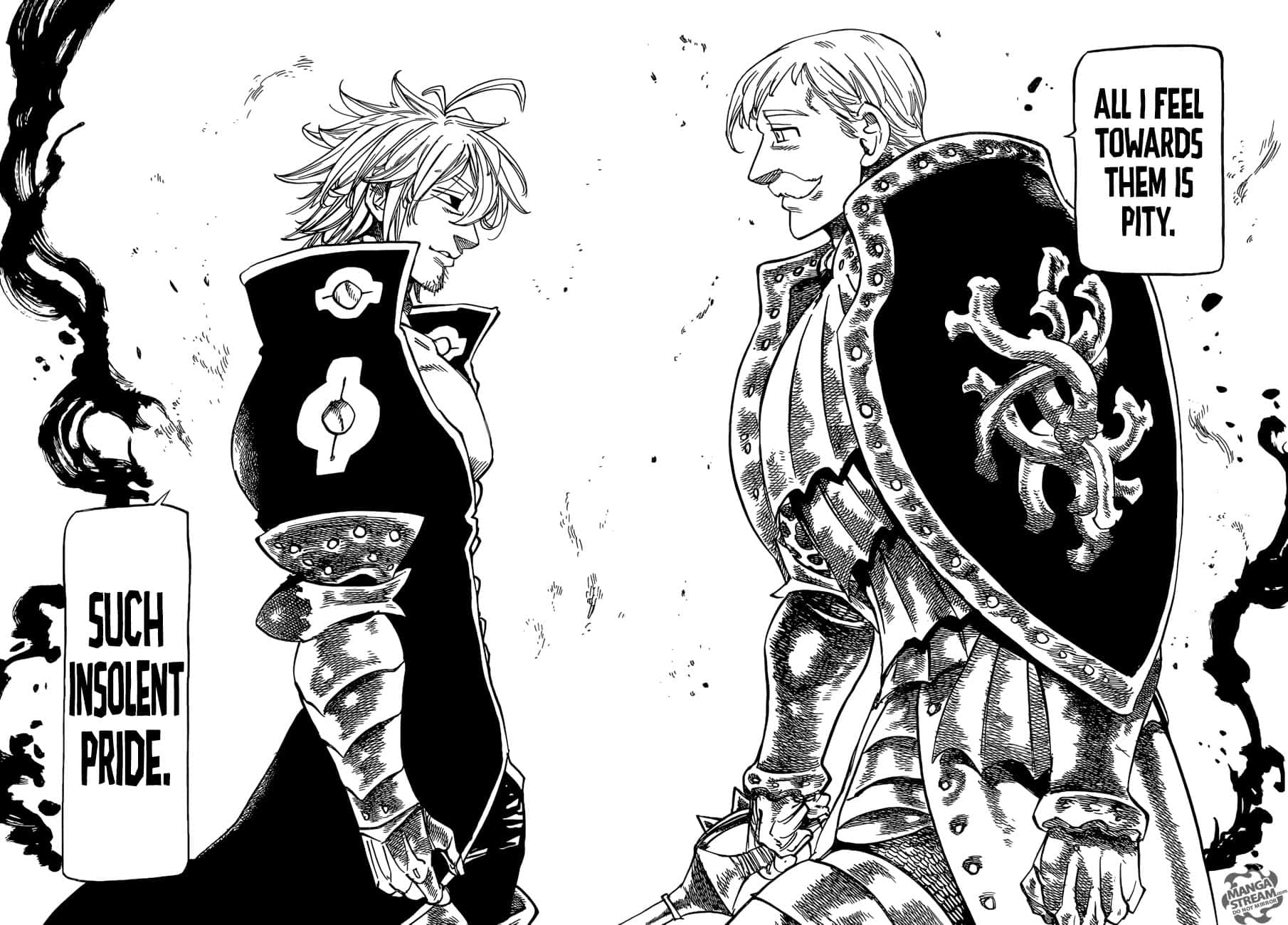 Escanor 桌布 壁紙 — 兩個身穿盔甲的動漫角色在一個戲劇性的黑白漫畫面板中對峙，帶有對話氣泡。