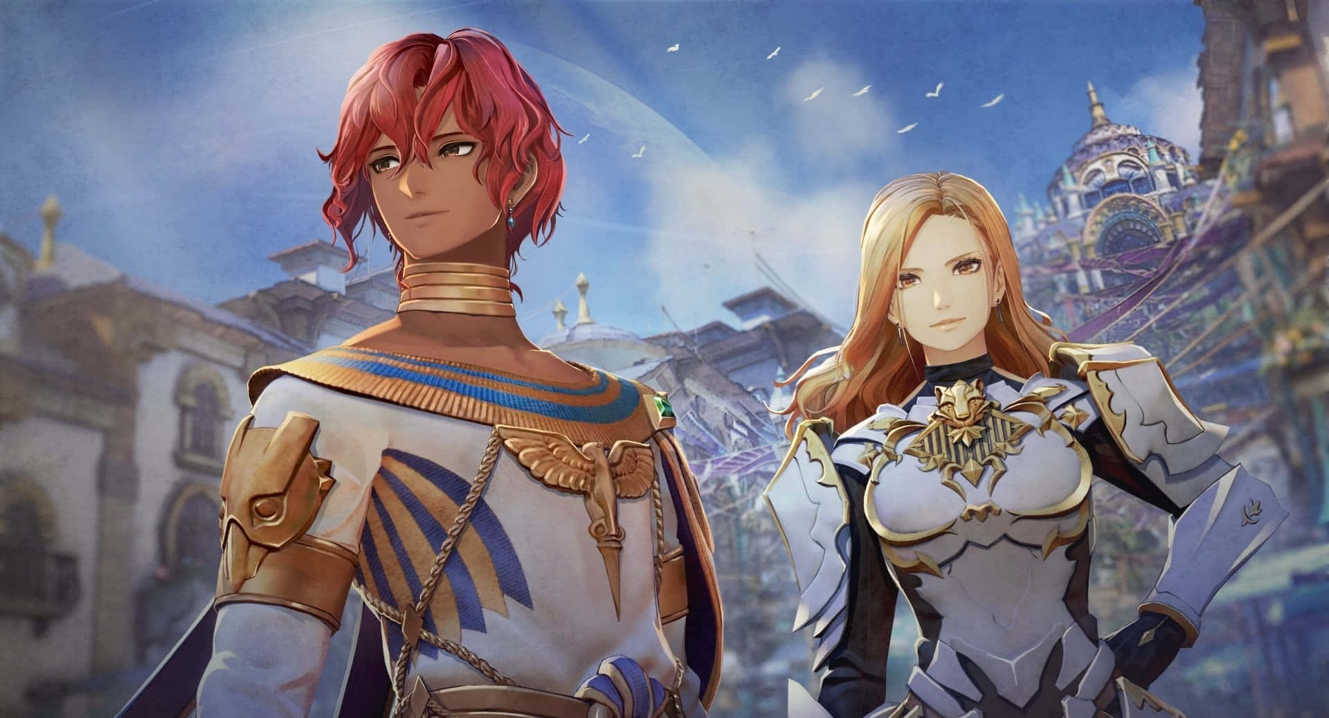 Tales Of Arise 桌布 壁紙 — 兩個身穿盔甲的動漫角色站在幻想城市景觀中，藍天下有鳥兒飛翔。