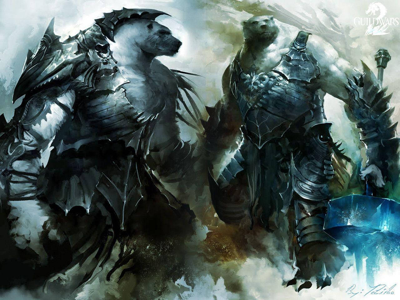 電玩遊戲 桌布 壁紙 — 兩個身穿盔甲的奇幻戰士，一個有馬頭，一個是肌肉發達的人形，站在迷霧戰場上。
