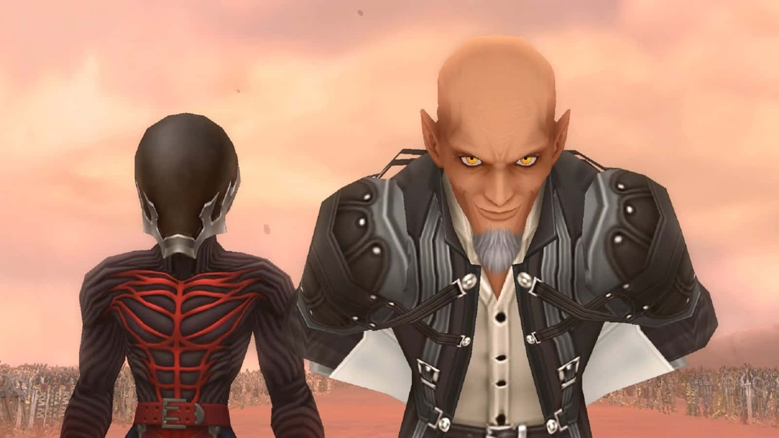 Kingdom Hearts Xehanort 桌布 壁紙 — 兩個身穿盔甲的奇幻角色站在粉紅色天空下的沙漠戰場上，一個有發光的黃色眼睛，另一個戴著頭盔和紅色肌肉細節。