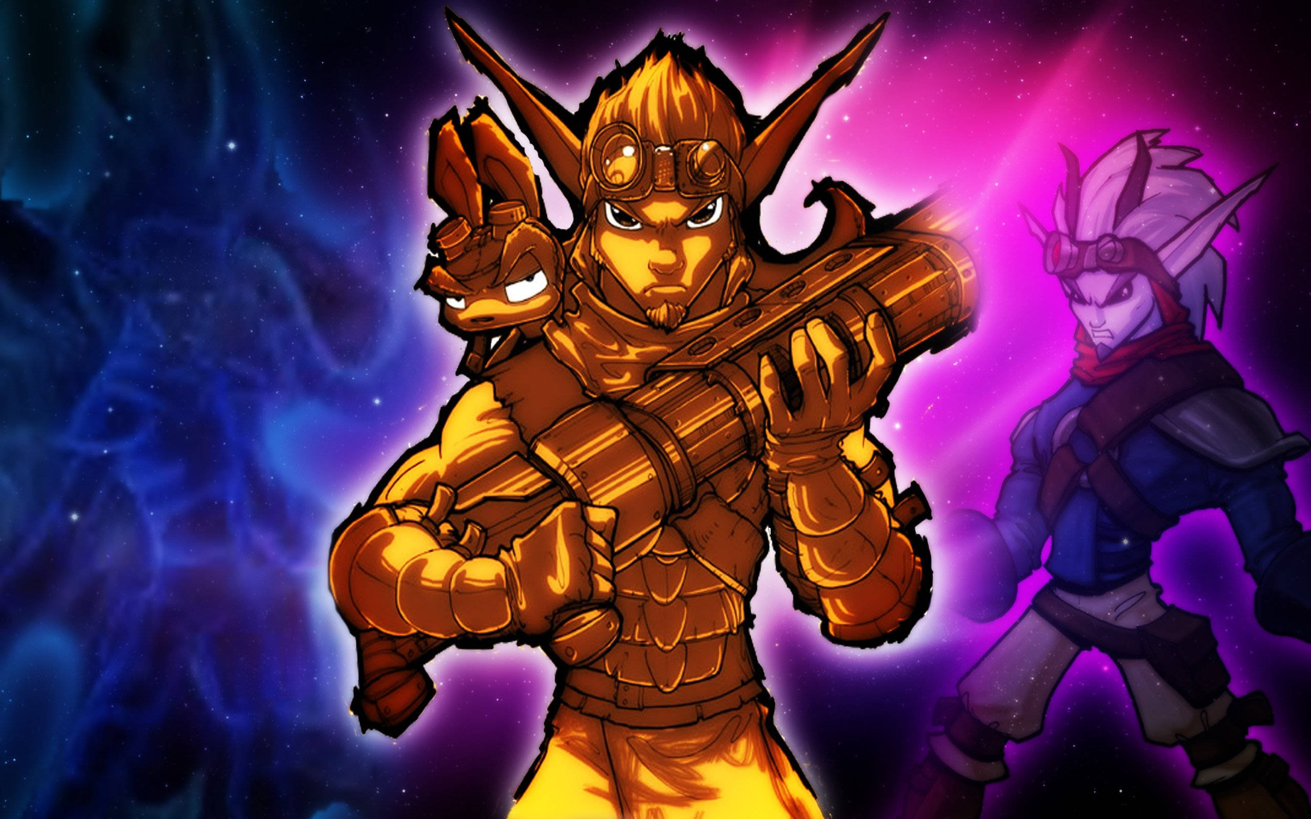 Jak 3 桌布 壁紙 — 兩個身穿盔甲的奇幻角色英勇地站在一個散發著電紫色和深藍色光芒的宇宙星雲背景前。