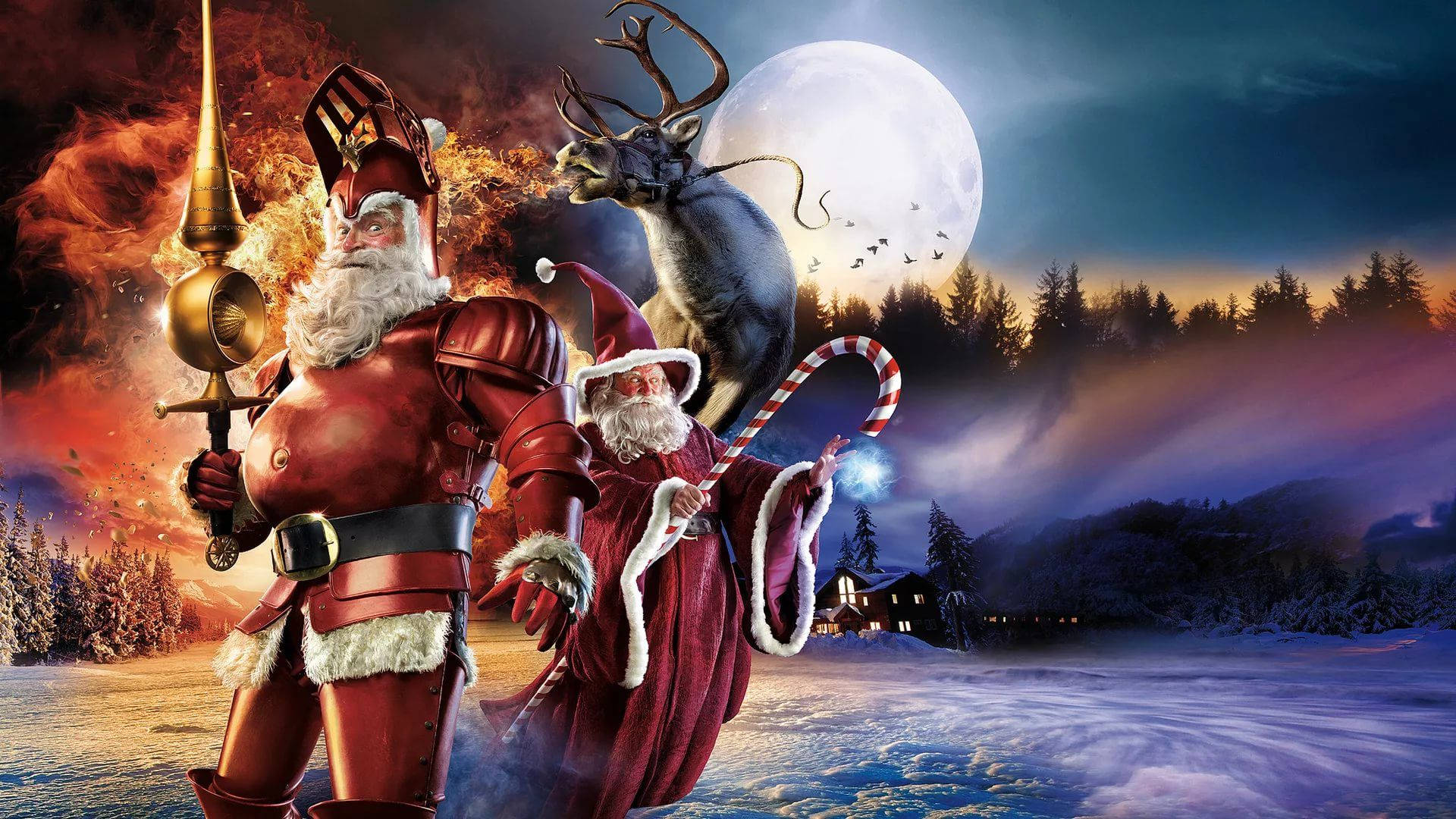 Santa Claus 桌布 壁紙 — 兩個身穿盔甲的聖誕老人站在雪黃昏中，身後有馴鹿和滿月，背景是樹林覆蓋的山丘。