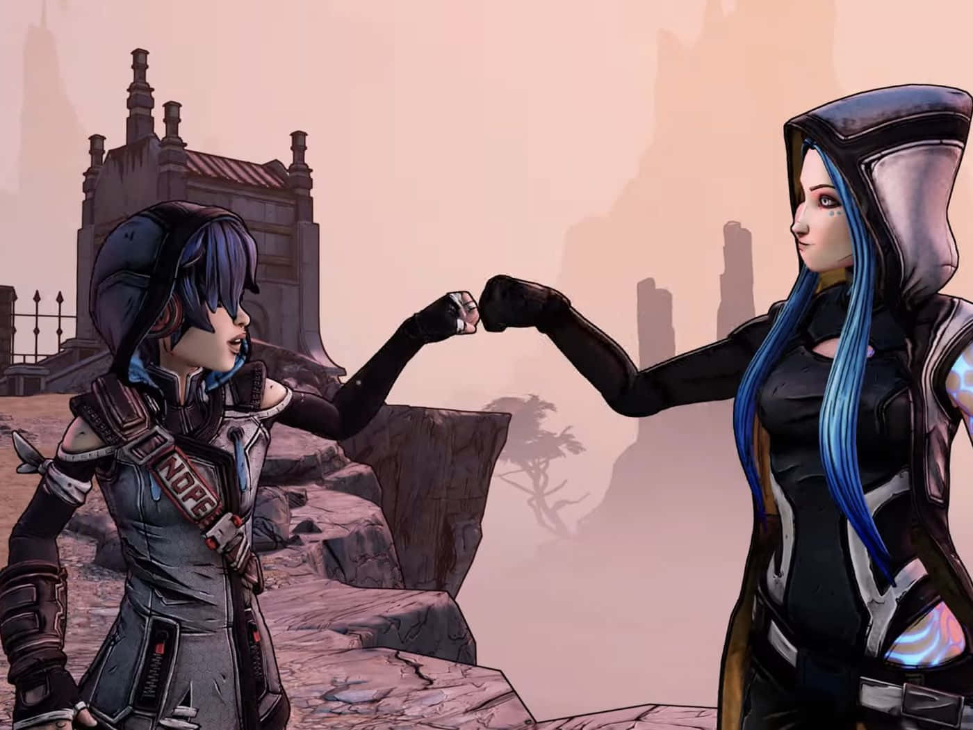Borderlands 3 桌布 壁紙 — 兩個身穿盔甲的角色在塵土飛揚的廢墟中，在朦朧的天空下，伴隨著古老的石結構，互相碰拳。