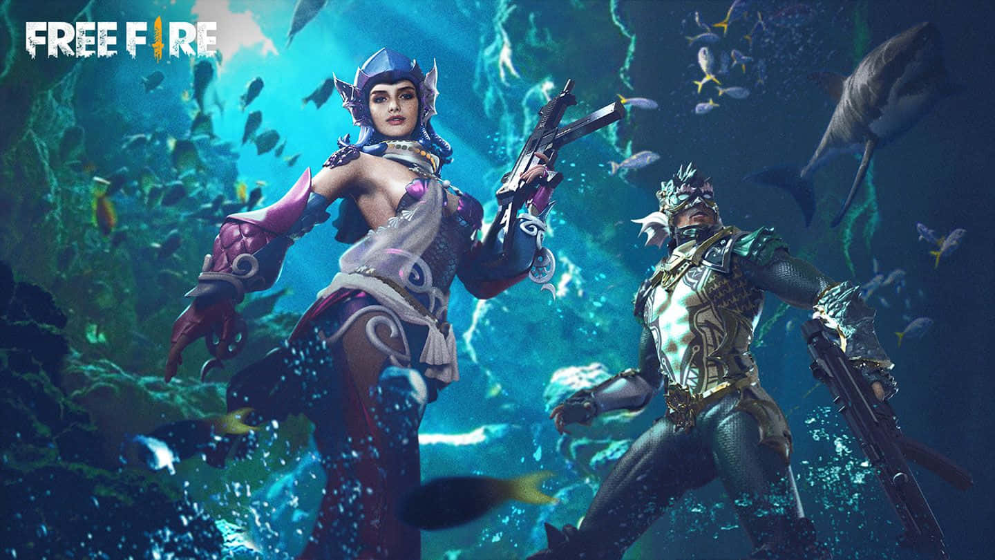 Game Art 桌布 壁紙 — 兩個身穿盔甲的角色手持武器，站在充滿魚類和珊瑚的 vibrant 水下場景中。