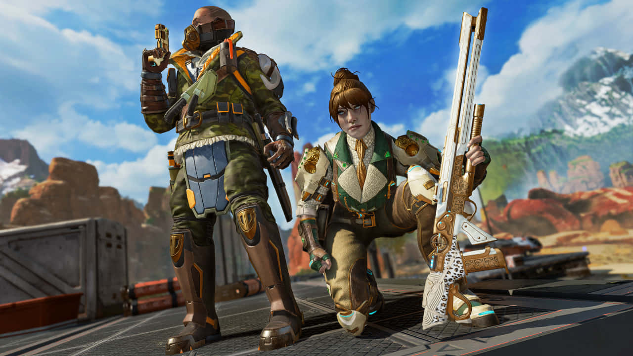 720p Apex Legends 桌布 壁紙 — 兩個身穿盔甲的遊戲角色，手持華麗武器，站在金屬平台上，背景是白雪皚皚的山脈。