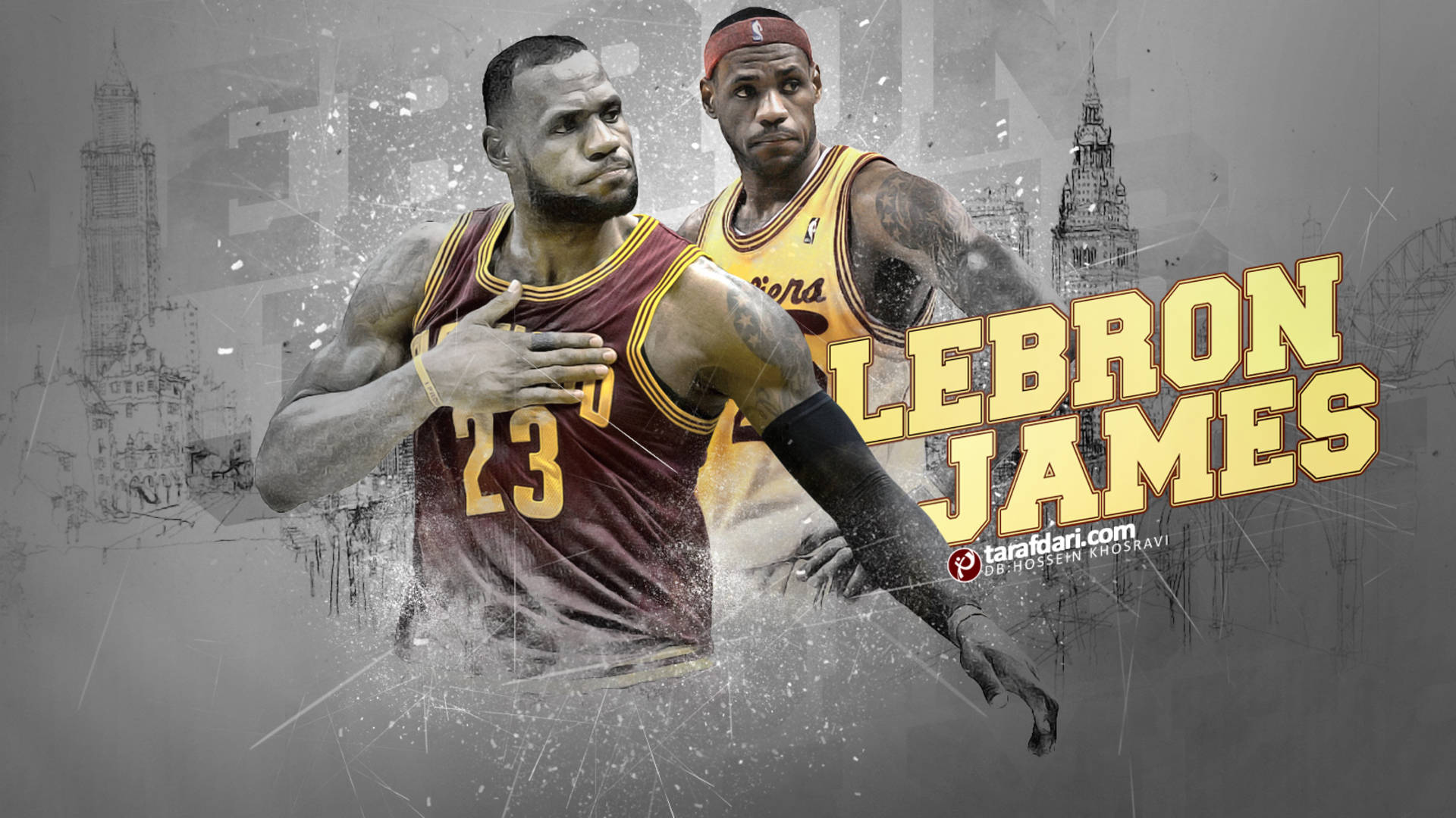 cavaliers 桌布 壁紙 — 兩個身穿籃球球衣的動感勒邦占士人物，在粗糙的城市素描背景前擺姿勢，並配有粗體黃色文字。