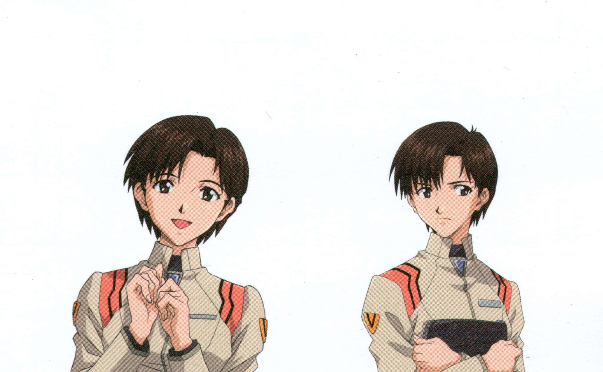 Maya Ibuki 桌布 壁紙 — 兩個身穿米色制服、帶有紅色條紋的動漫角色並排站在純白色背景前。