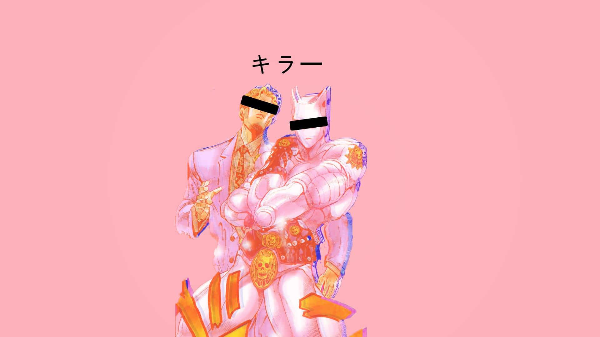 Jjba 桌布 壁紙 — 兩個身穿粉紅色和橙色服裝的動漫角色站在純粉色背景前，上方有日文文字。