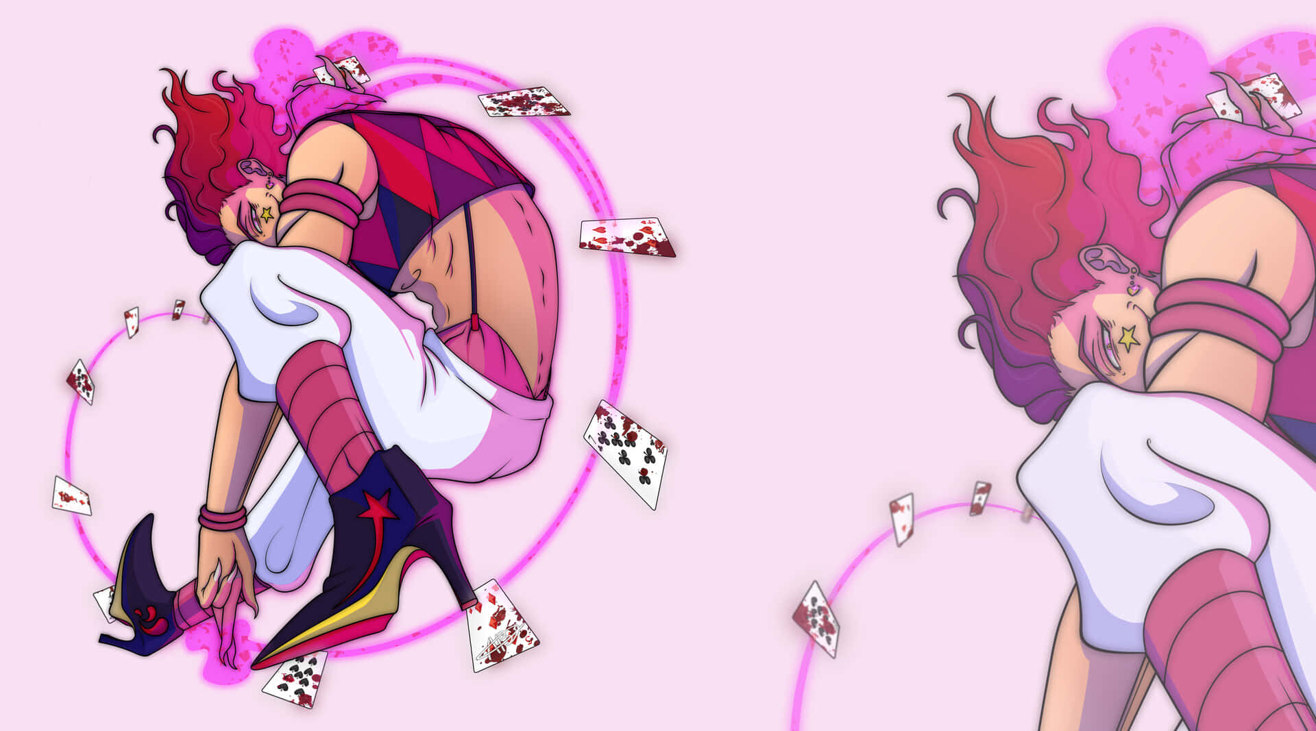 Hisoka Morow 桌布 壁紙 — 兩個身穿粉紅色和白色服裝的動漫角色在漂浮的撲克牌和旋轉的粉紅色能量中擁抱。