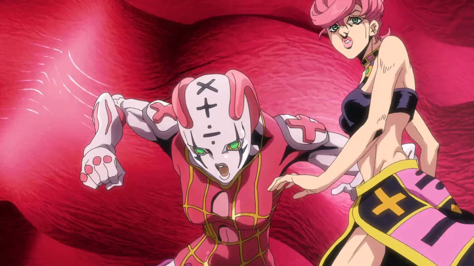 Trish Una 桌布 壁紙 — 兩個身穿粉紅色和黑色服裝的動漫角色，在旋轉的紅色背景上激烈碰撞，表情強烈。