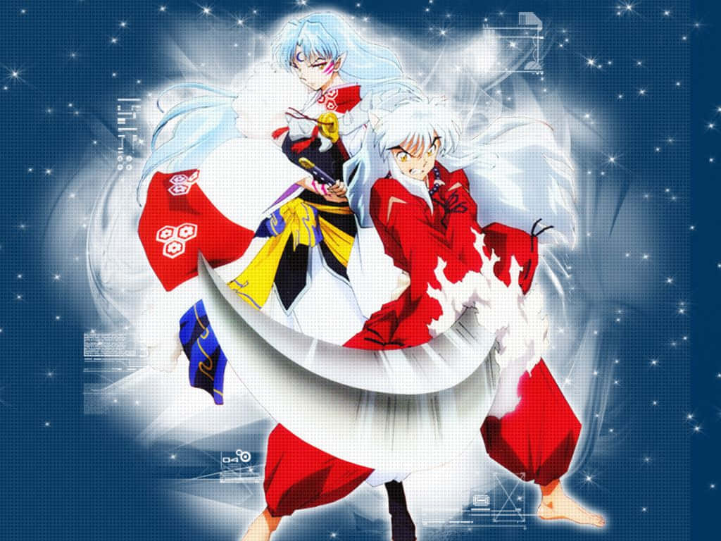 Inuyasha And Sesshomaru 桌布 壁紙 — 兩個身穿紅白服裝的動漫角色在深藍色網格背景上，於旋轉的能量和閃爍的星星中戰鬥。