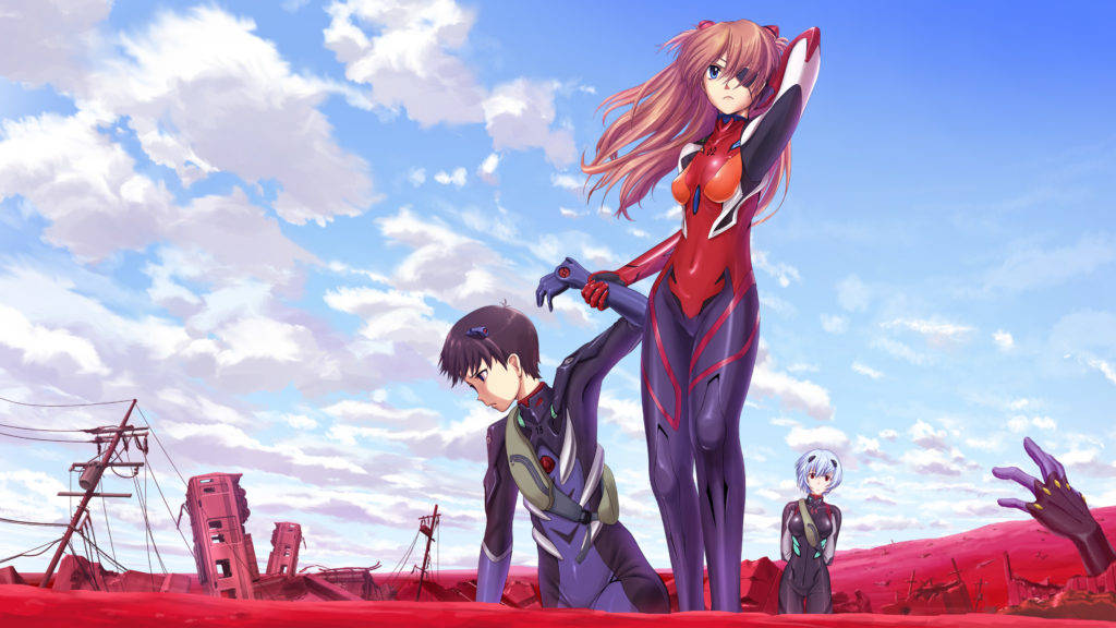 evangelion 4K 桌布 壁紙 — 兩個身穿紅色和紫色西裝的動漫角色站在廢墟景觀中，頭頂是晴朗的藍天和蓬鬆的白雲。
