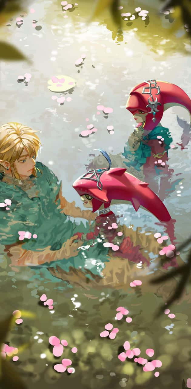 Botw 桌布 壁紙 — 兩個身穿紅色和綠色服裝的動漫角色坐在一個池塘中，周圍漂浮著粉紅色的櫻花和睡蓮葉。