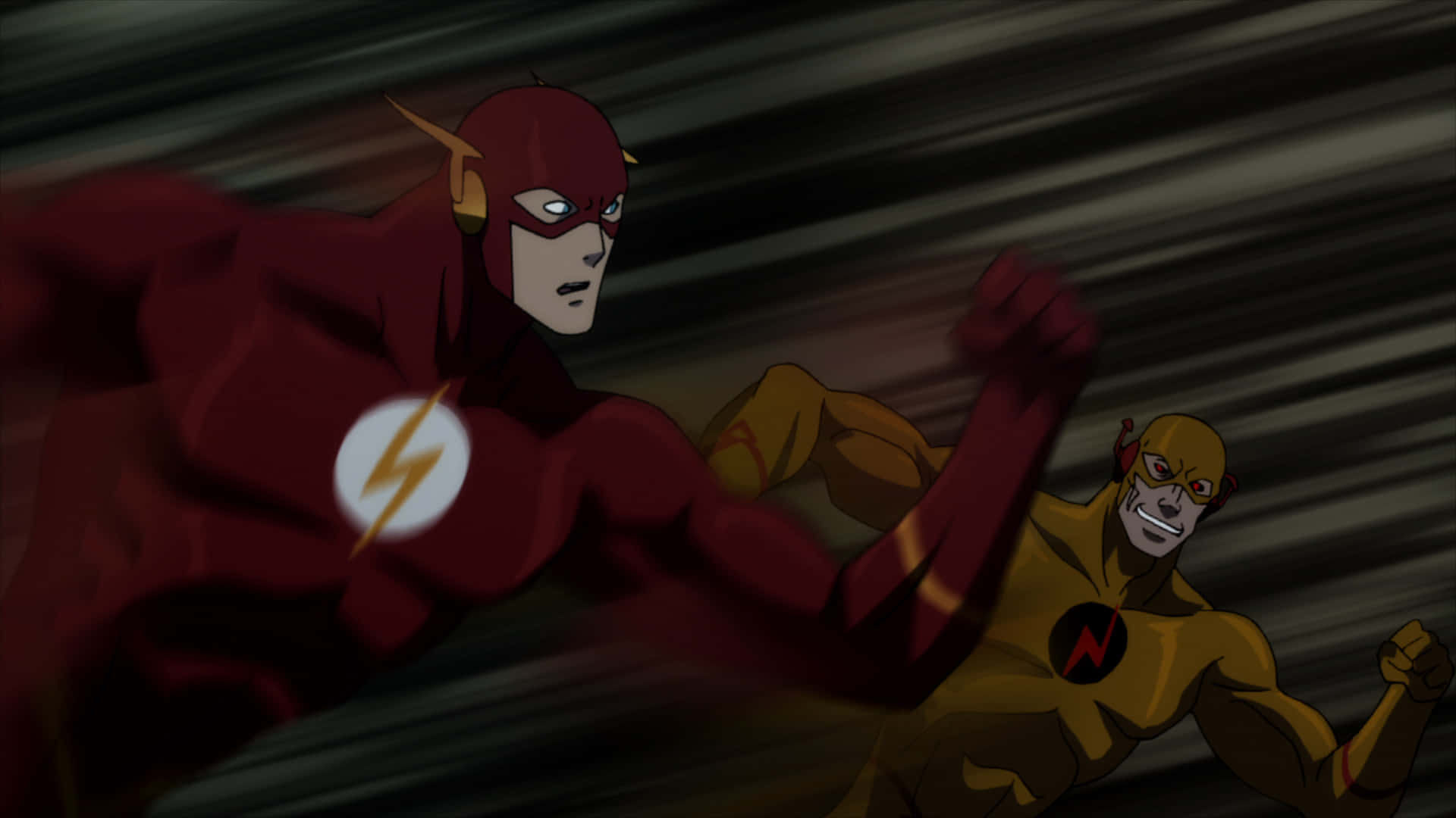 Justice League The Flashpoint Paradox 桌布 壁紙 — 兩個身穿紅色和金色套裝的動畫極速者，在帶有條紋的深色背景上並排競速。