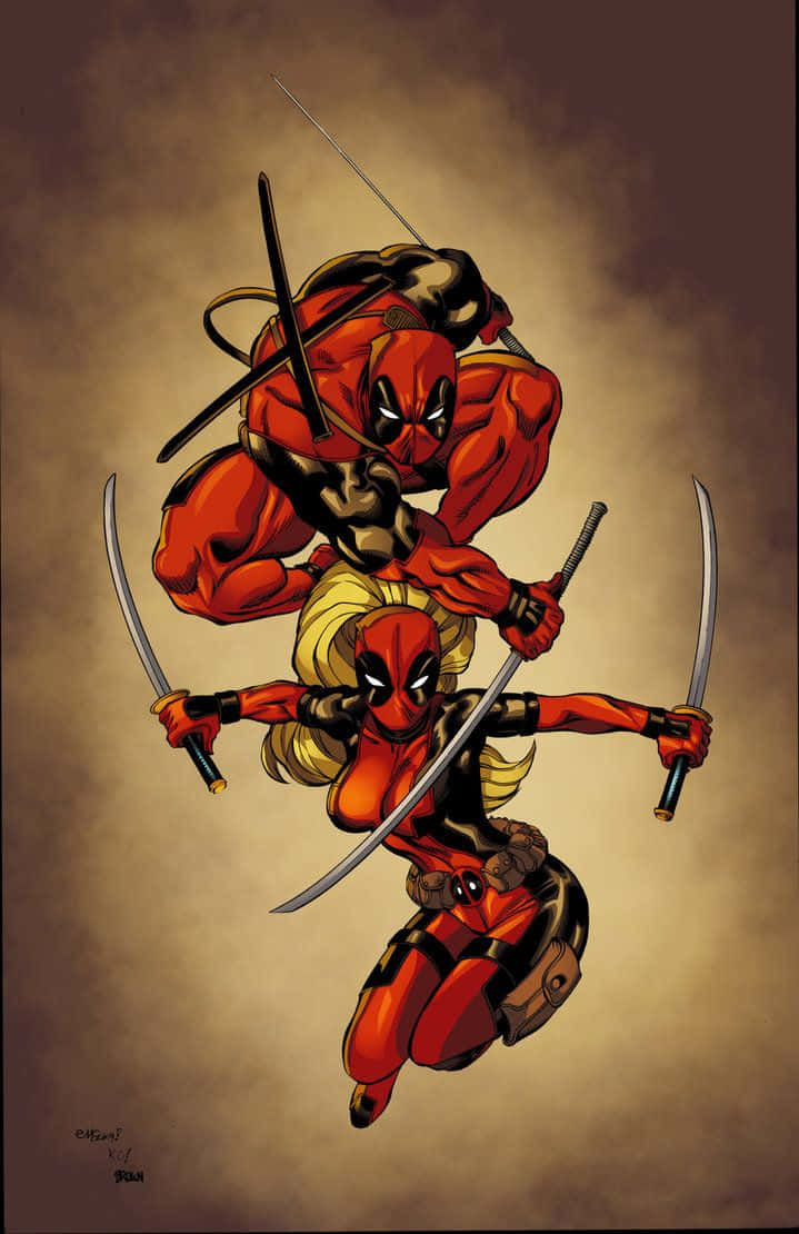Deadpool And Lady Deadpool 桌布 壁紙 — 兩個身穿紅色和黑色套裝的死侍角色在煙霧瀰漫的棕色背景下揮舞著劍動態跳躍。