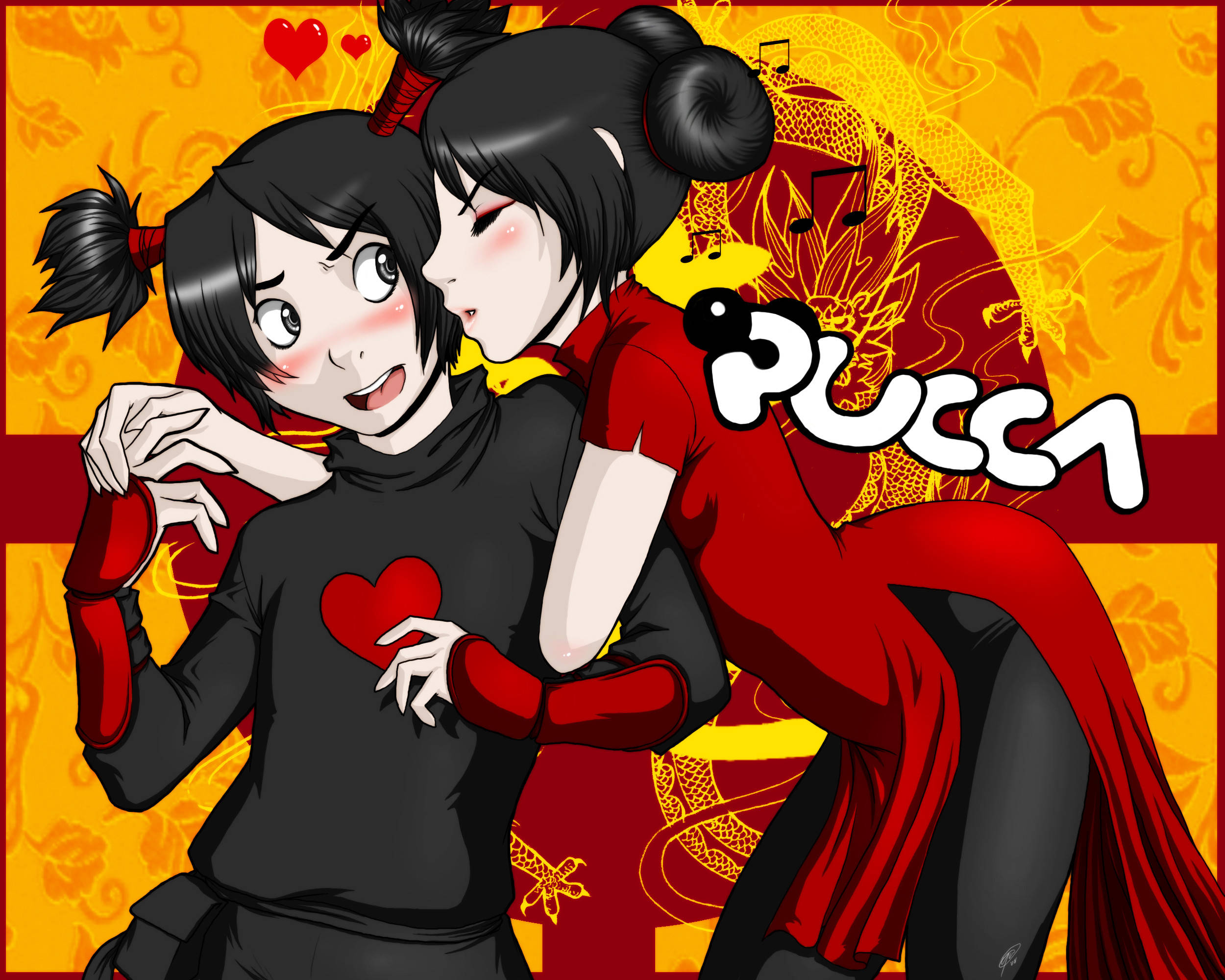 Pucca 桌布 壁紙 — 兩個身穿紅色和黑色的動漫女孩在帶有龍圖案和心形的火熱橙色背景前溫暖地擁抱。