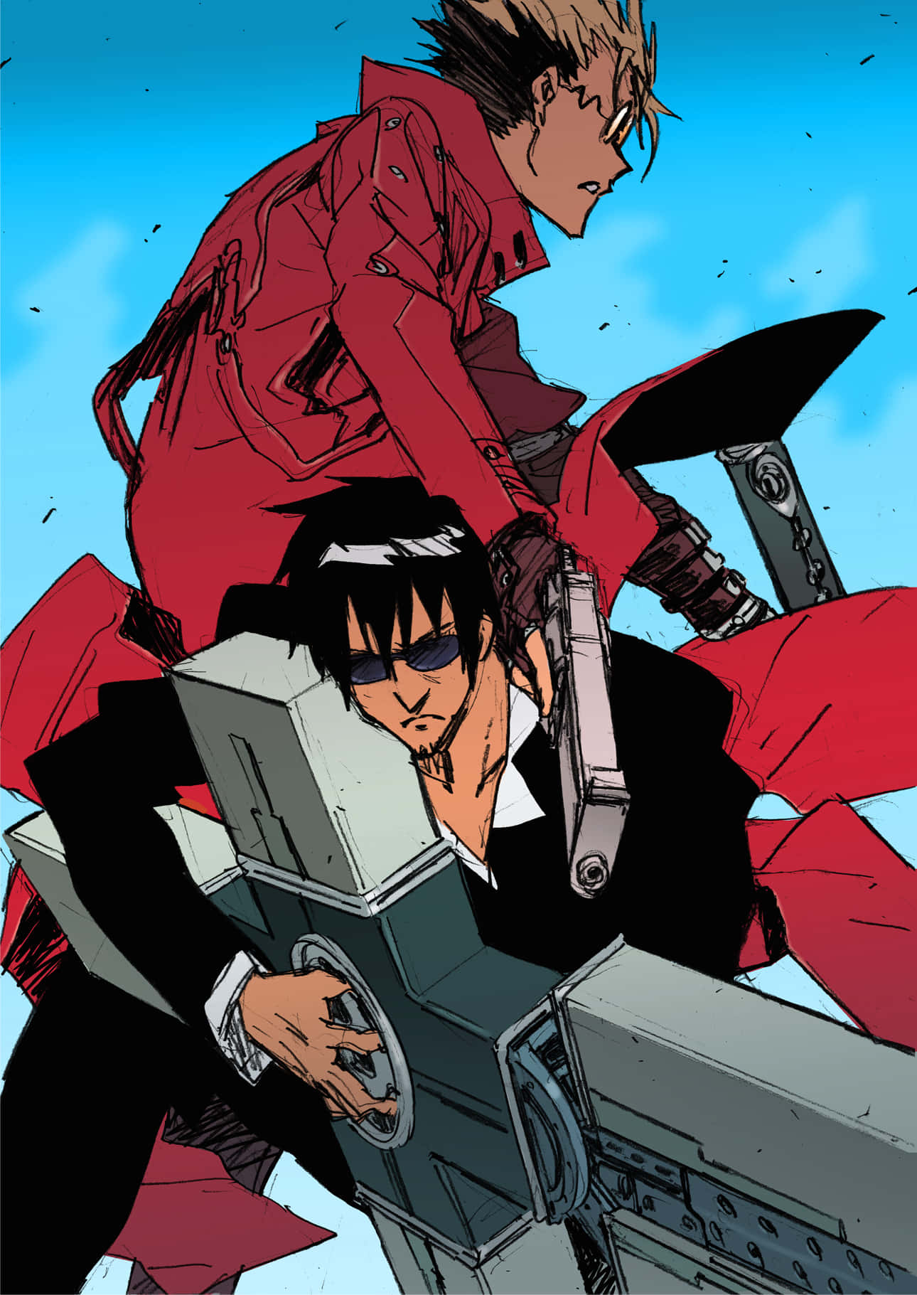 Nicholas D Wolfwood 桌布 壁紙 — 兩個身穿紅色和黑色裝備的動漫角色，在明亮的藍天下騎著未來風格的機車，碎片飛揚。