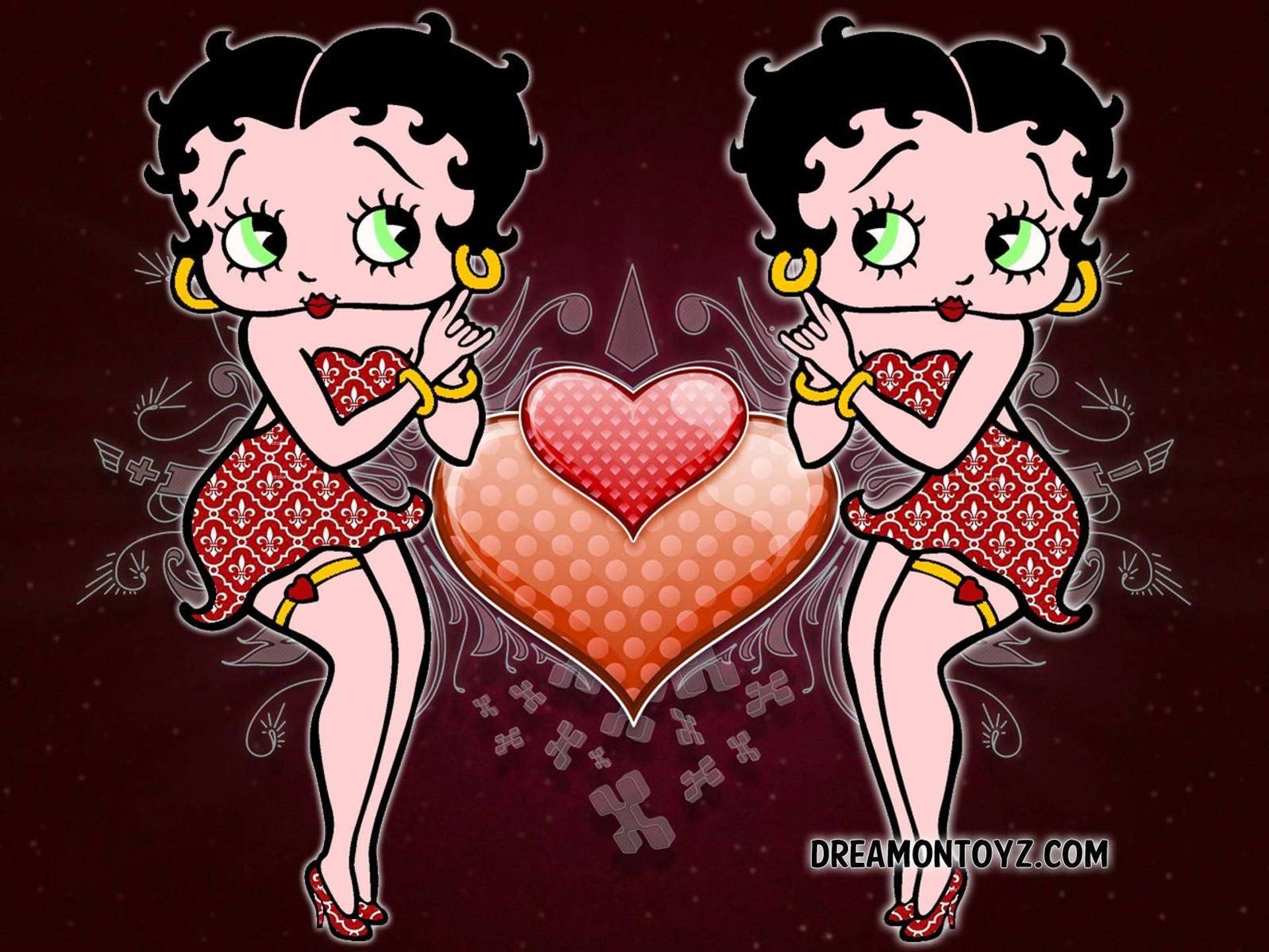 boop 桌布 壁紙 — 兩個身穿紅色圖案服裝的卡通 Betty Boop 角色在深紅色背景上夾著一個大心形。