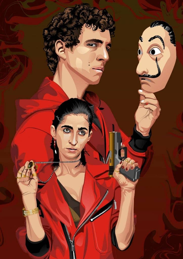 nairobi money heist 桌布 壁紙 — 兩個身穿紅色外套的角色，在旋轉的紅色背景前手持槍支和面具。