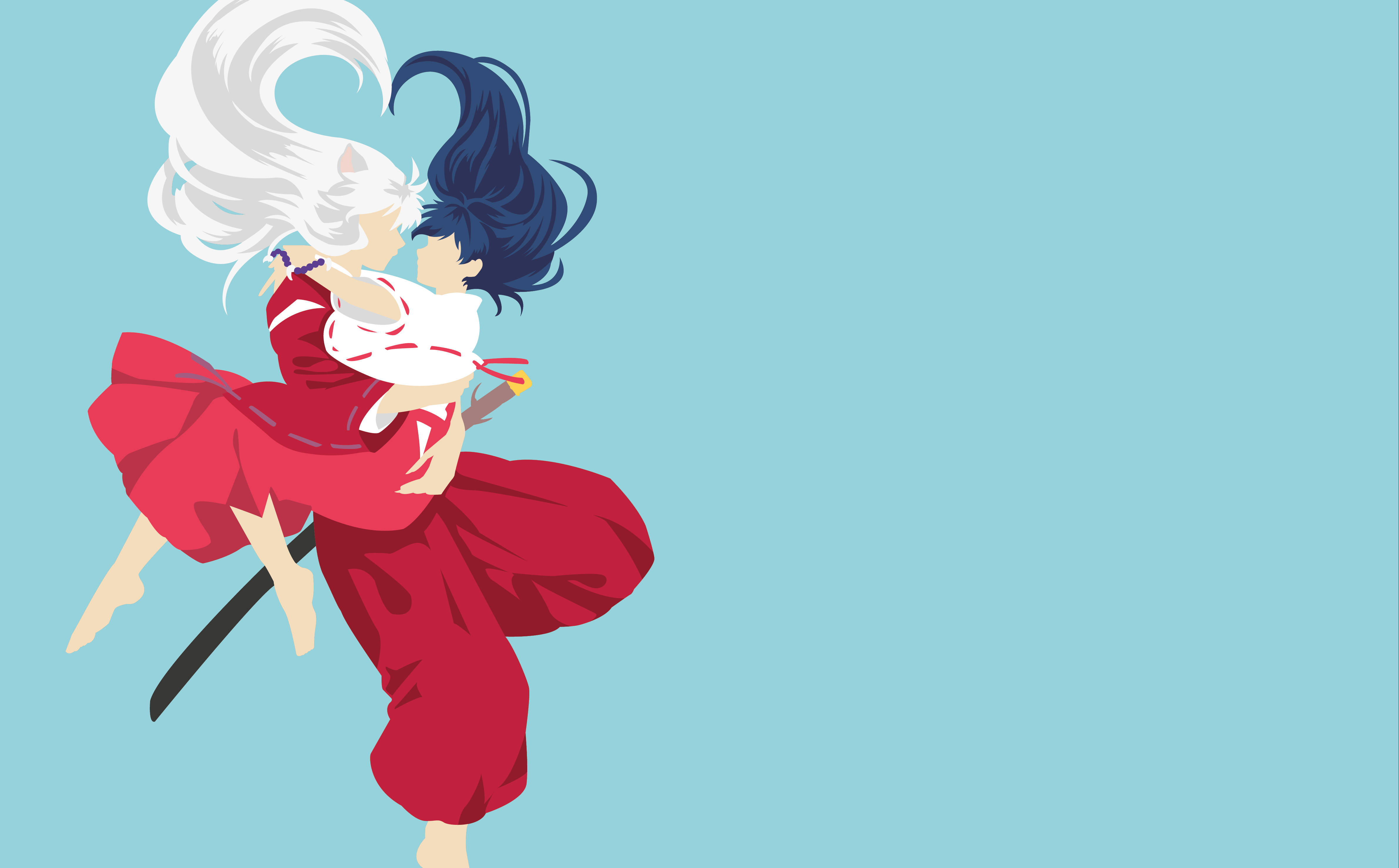 Kagome 桌布 壁紙 — 兩個身穿紅色服裝的動漫角色在純淺藍色背景上動態地擁抱。