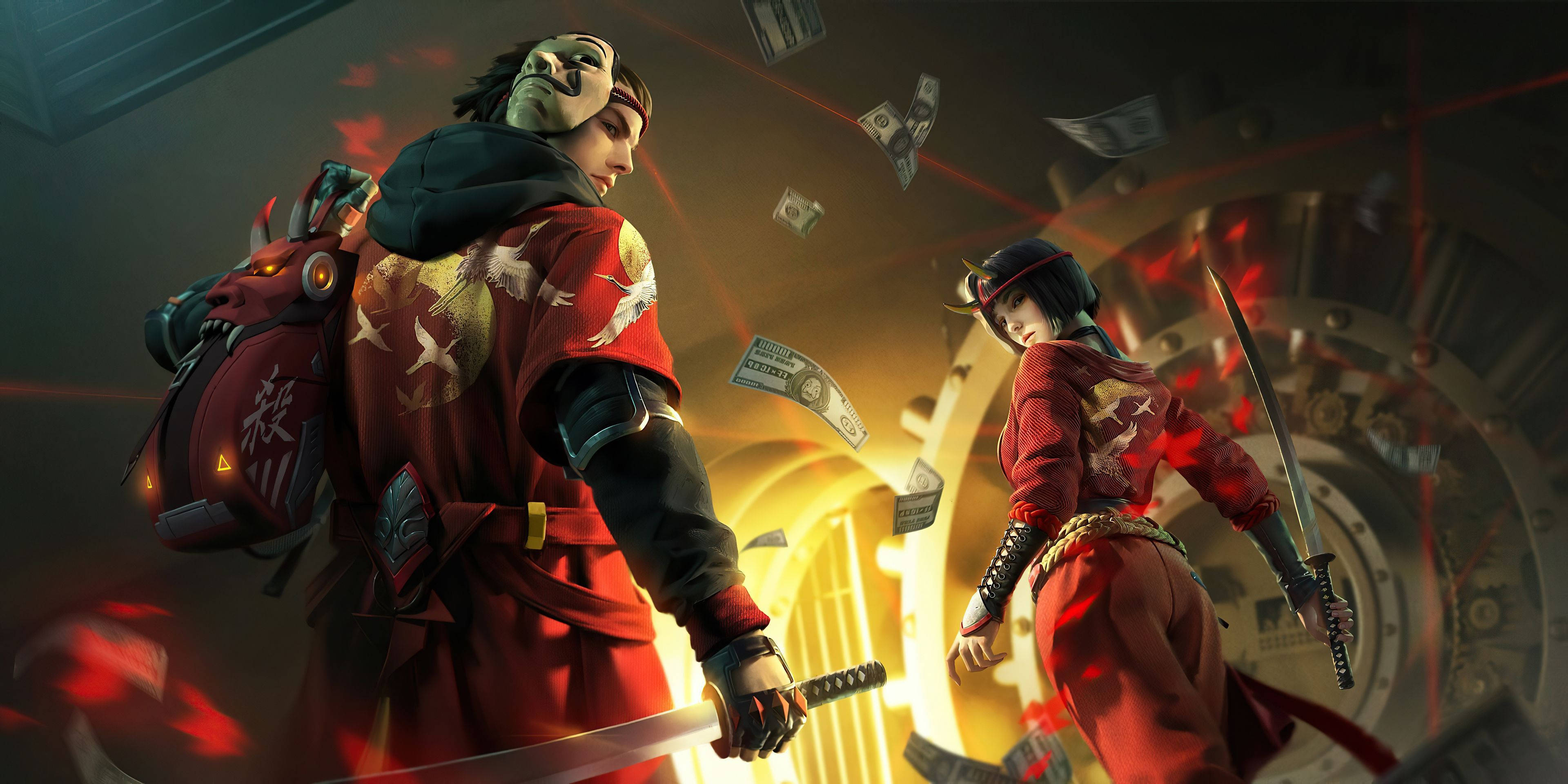 free fire 4K 桌布 壁紙 — 兩個身穿紅色服裝的動漫風格武士用劍交鋒，鈔票在發光的金庫隧道中飛舞。