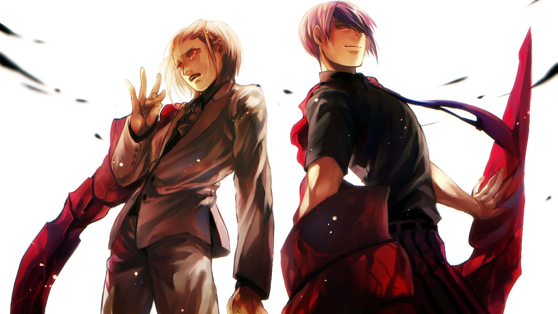 Shuu Tsukiyama 桌布 壁紙 — 兩個身穿紅色西裝的動漫角色在帶有黑色條紋的亮白色背景前戲劇性地擺姿勢。